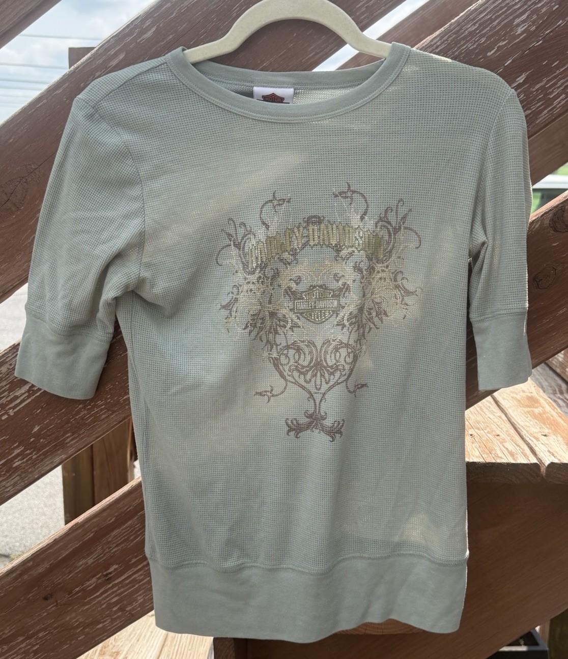 VTG Harley Davidson Thermal Shirt Medium Sage Green Y2K Bella Swan Biker Grunge