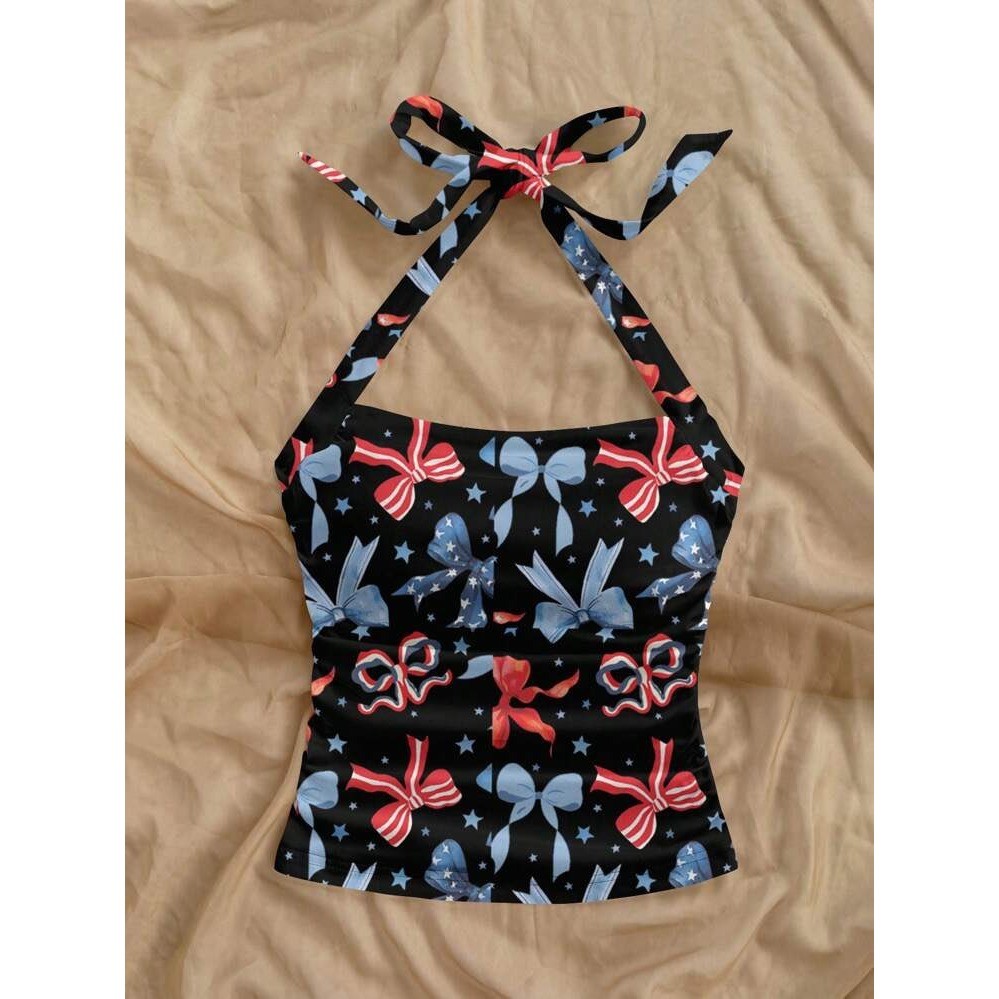 SHEIN Patriotic Bow Star Print Halter Tankini Top Black Red Blue Ruched
