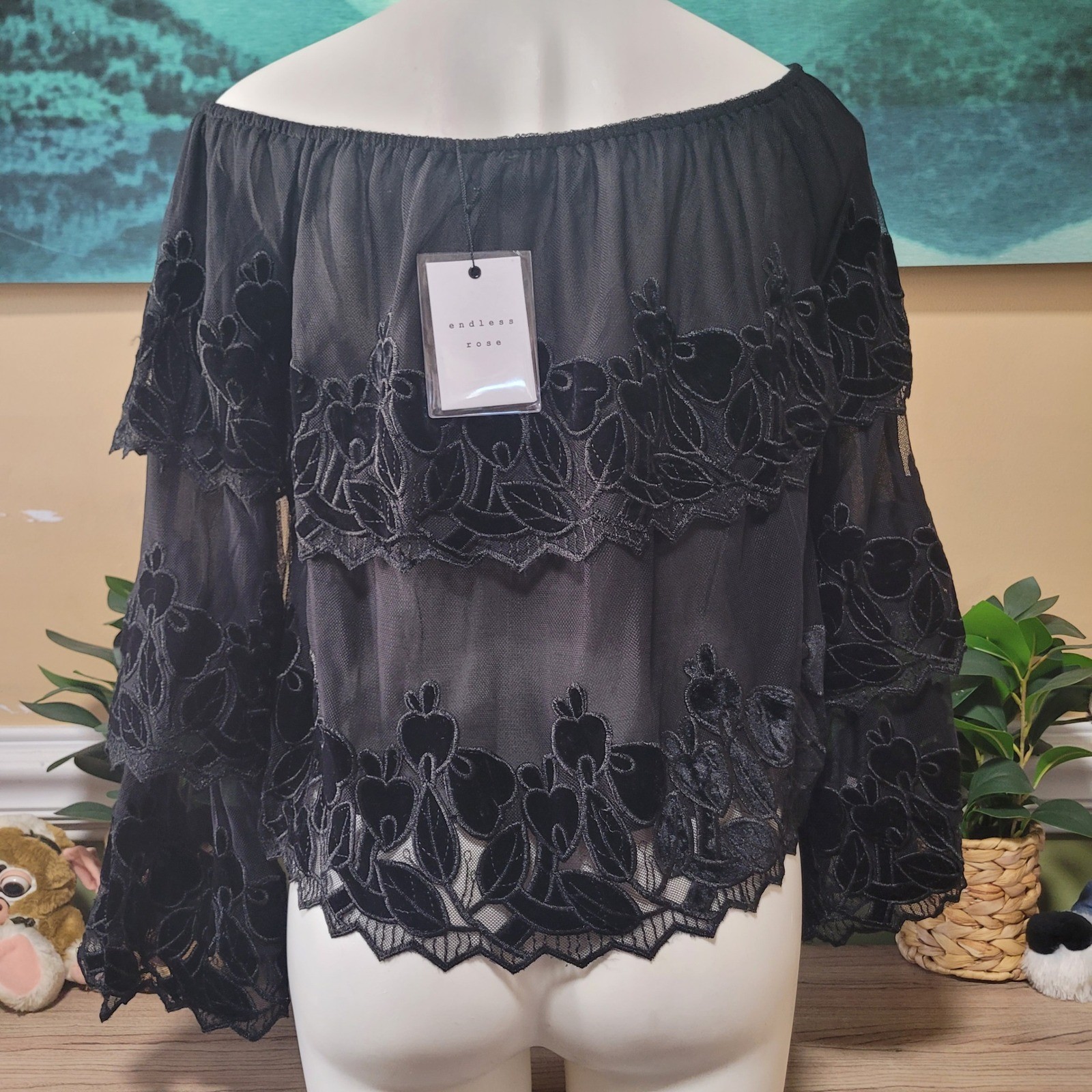 Endless Rose Black Off Shoulder Bell Sleeve velvet Sheer Blouse Top L new goth