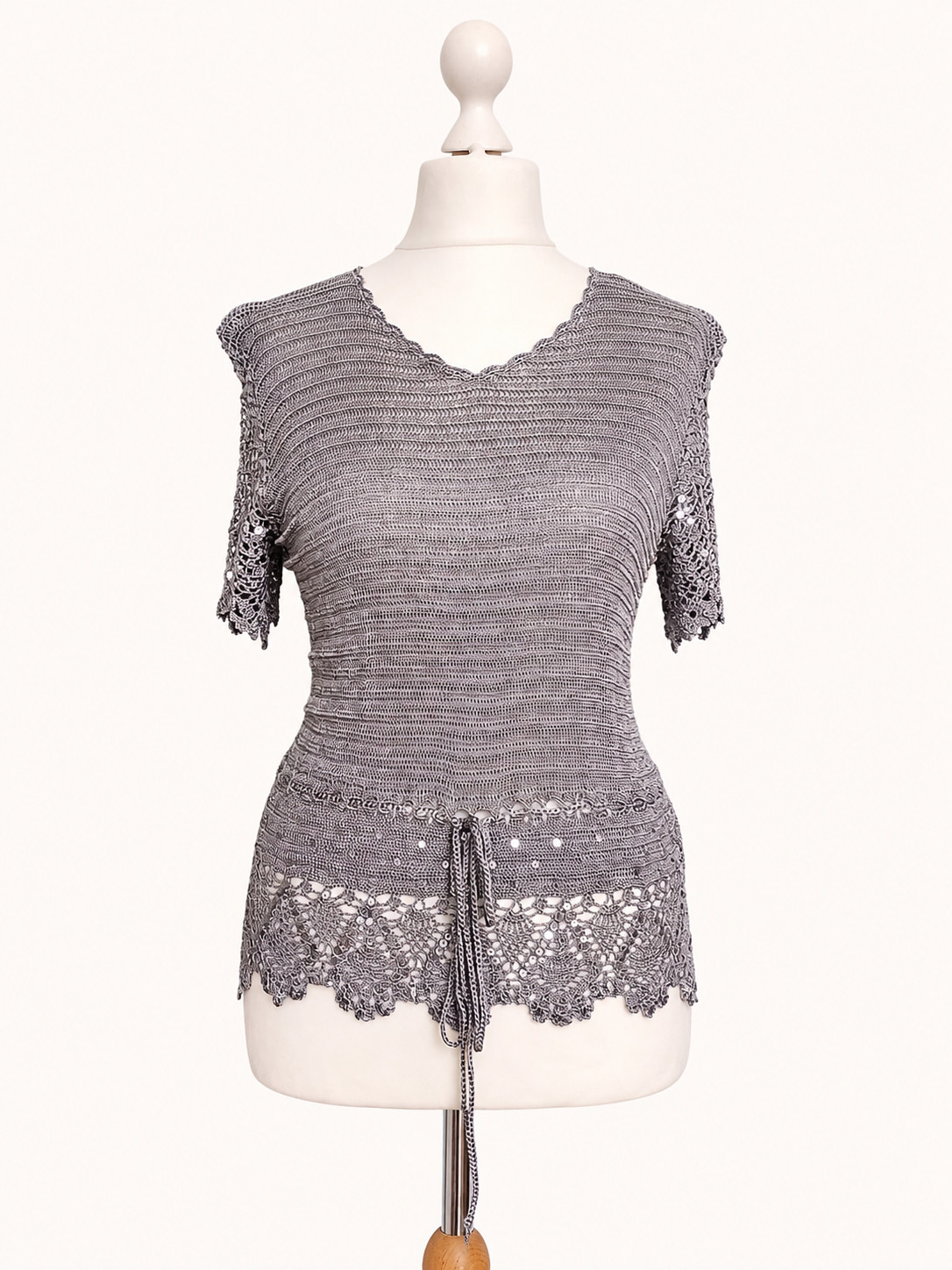 Jacques Vert Crochet Knit Top Sequin Lace Drawstring UK M Dove Grey Occasion