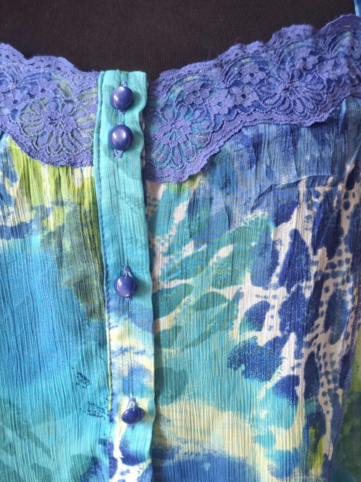 Y2K Per Una Festival Ruffle Hem Boho Fairy Cami Top Lace Trim Blue Green Tunic