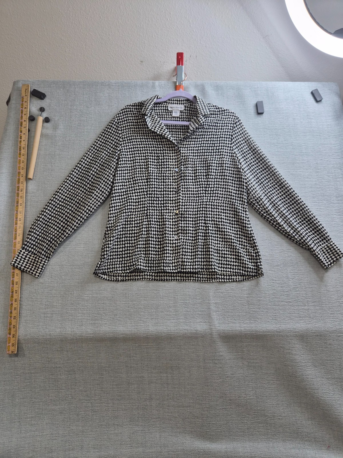 Vtg Rena Rowan Blouse Top Womens 14 Multi Grid Diamond Notch Lapel Button Front