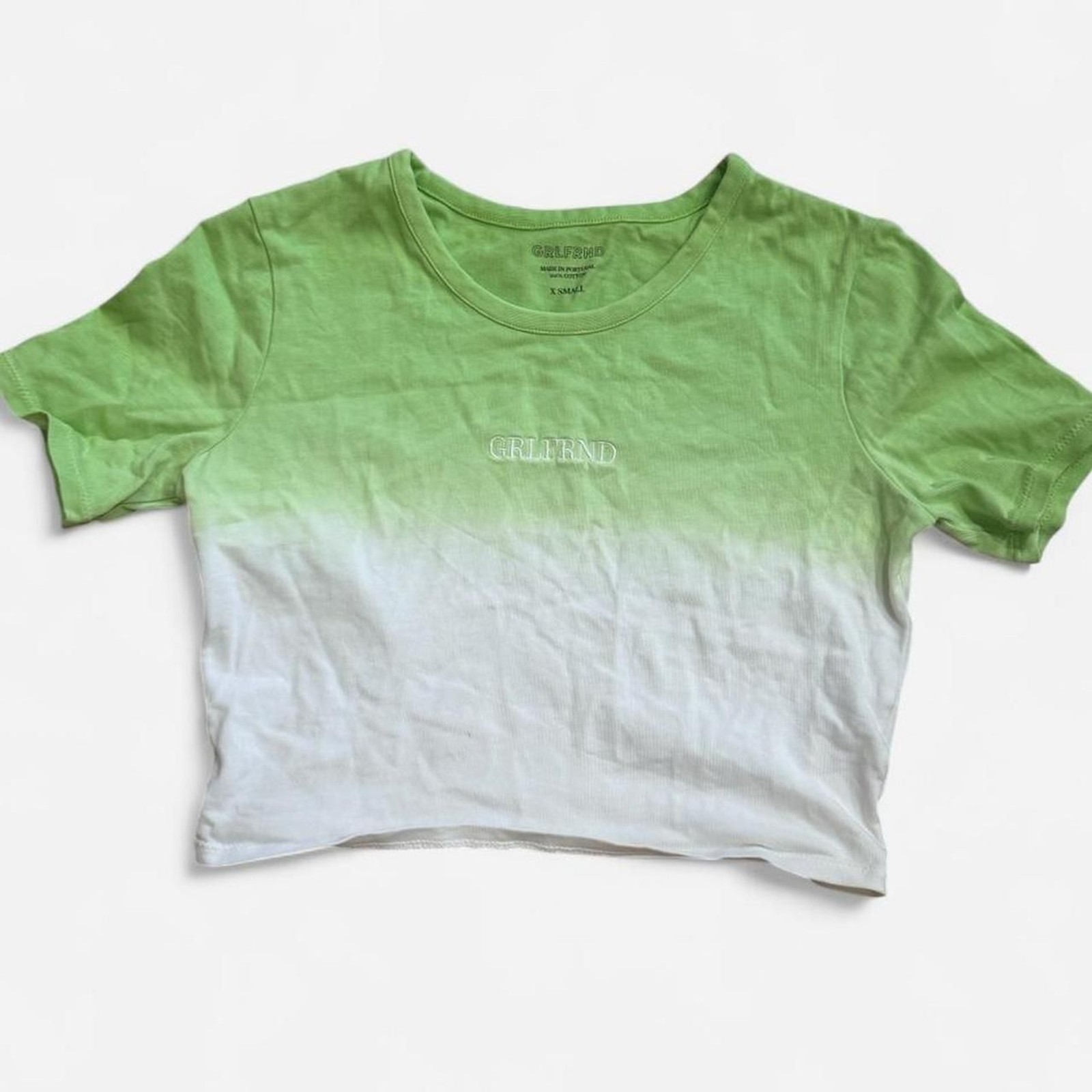 Revolve GRLFRND mini logo lime green and white ombre crop top 100% cotton