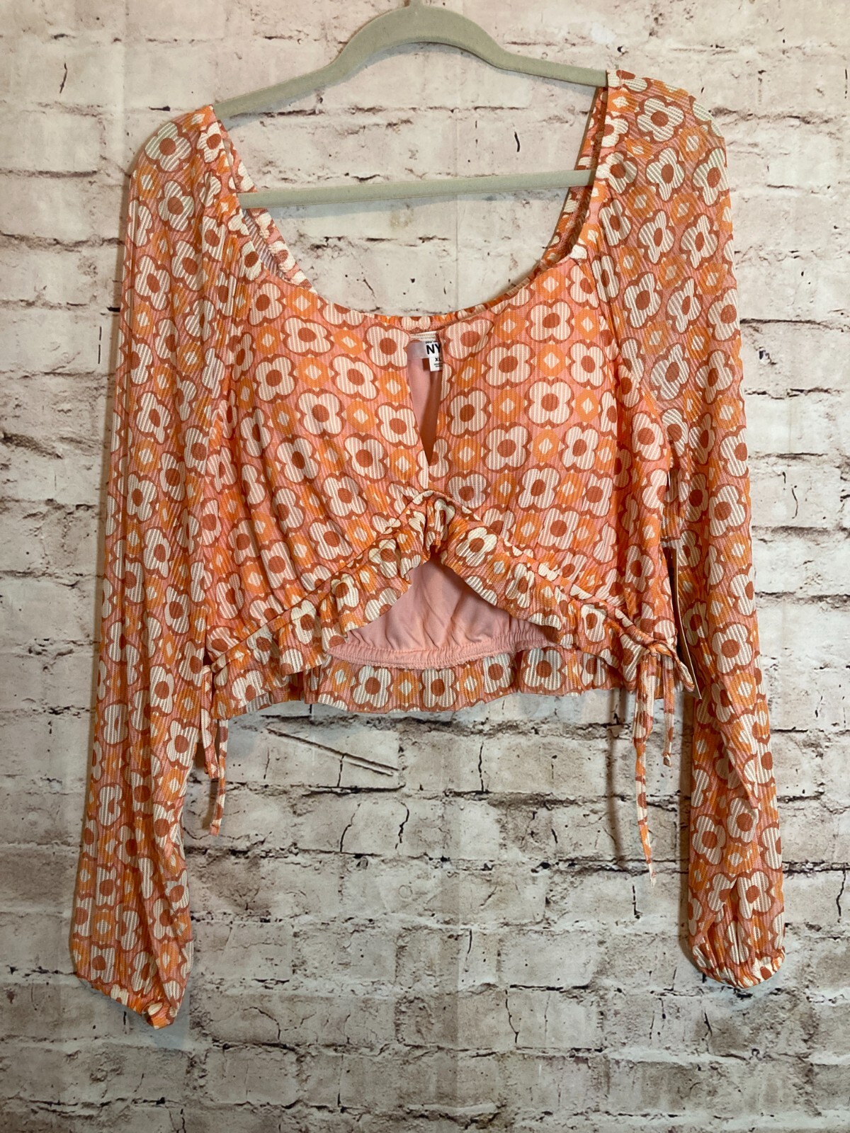 Madden NYC Crop Top Womens XL Rust & Pink Floral Retro Boho Hippie Mesh Lined