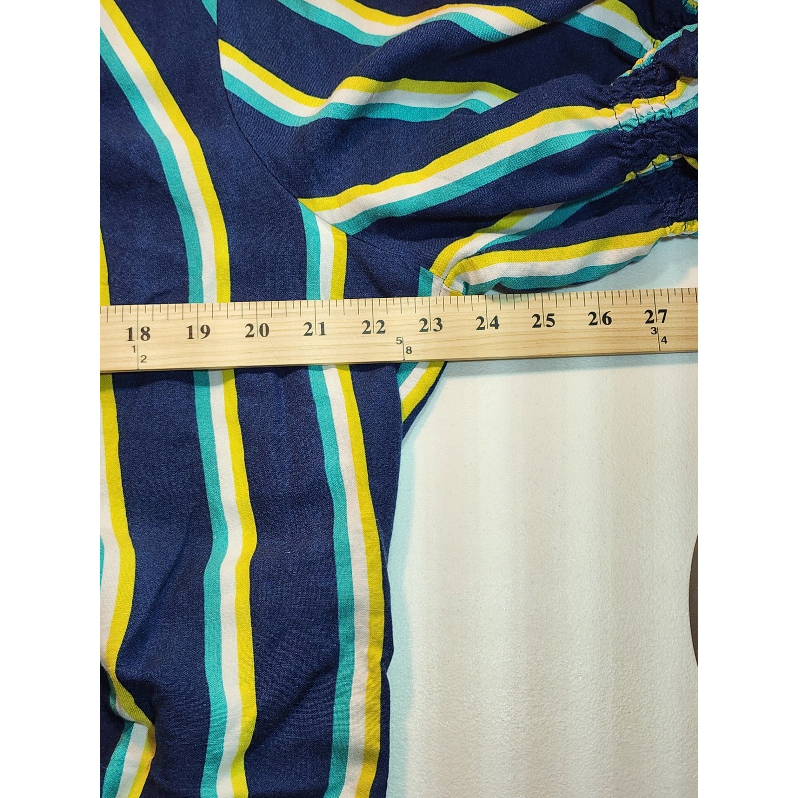 Ashley Stewart Blue Striped Linen Blend O-Ring V-Neck Bubble Hem Blouse Size 16