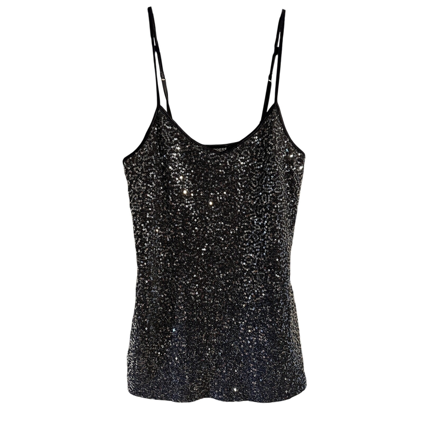 Chic Dark Gray Cami with Shimmering Silver Sequins, XS