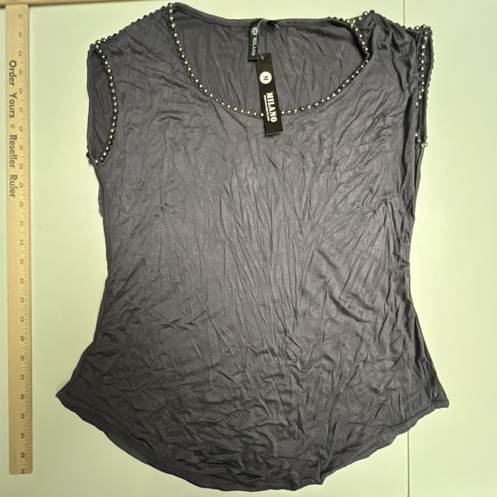 Milano Tank Top Blouse Women’s Medium Top Gray Studded Stretch NEW NWT