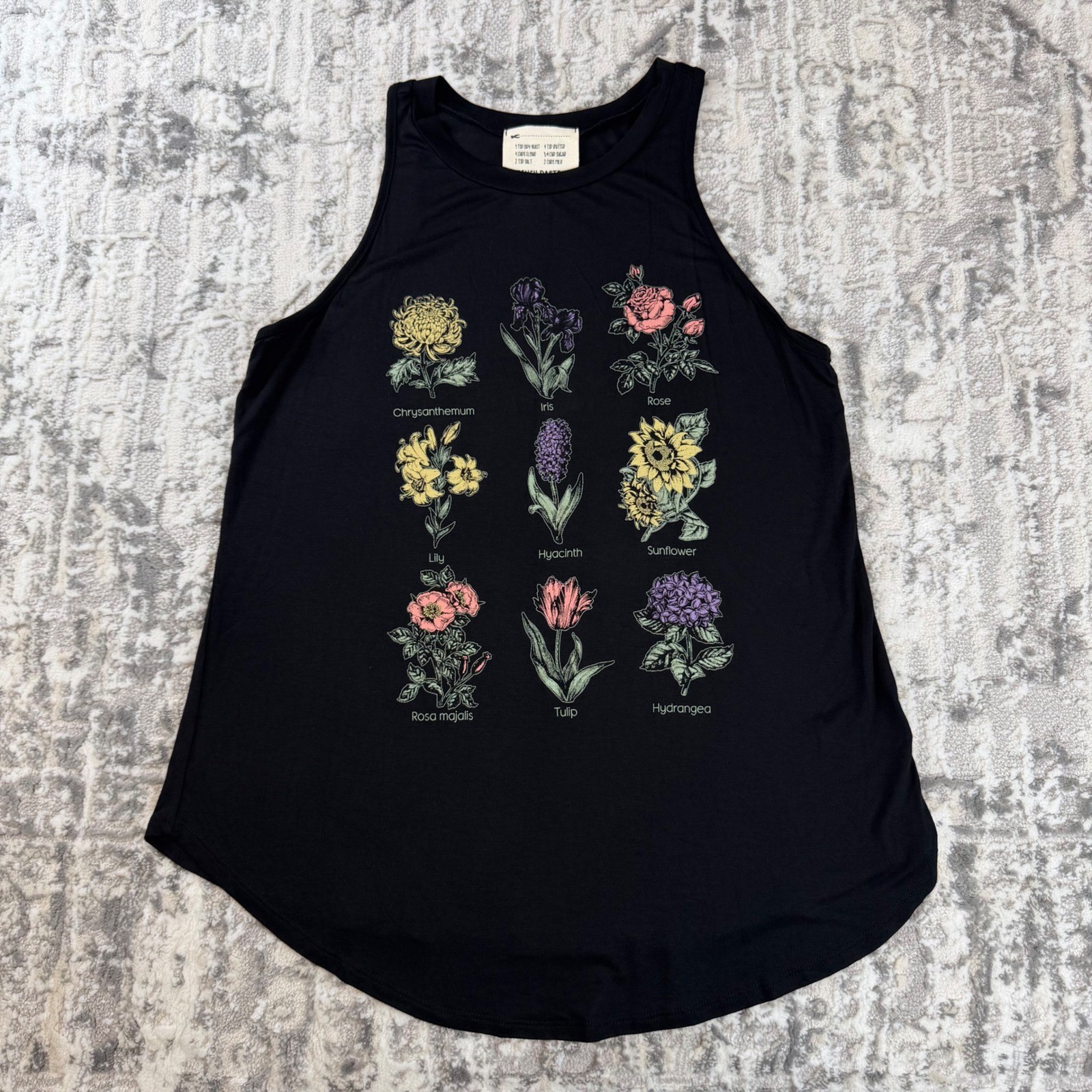 French Pastry Womens Black Floral Botanical Tank Top M Live Life In Full Bloom