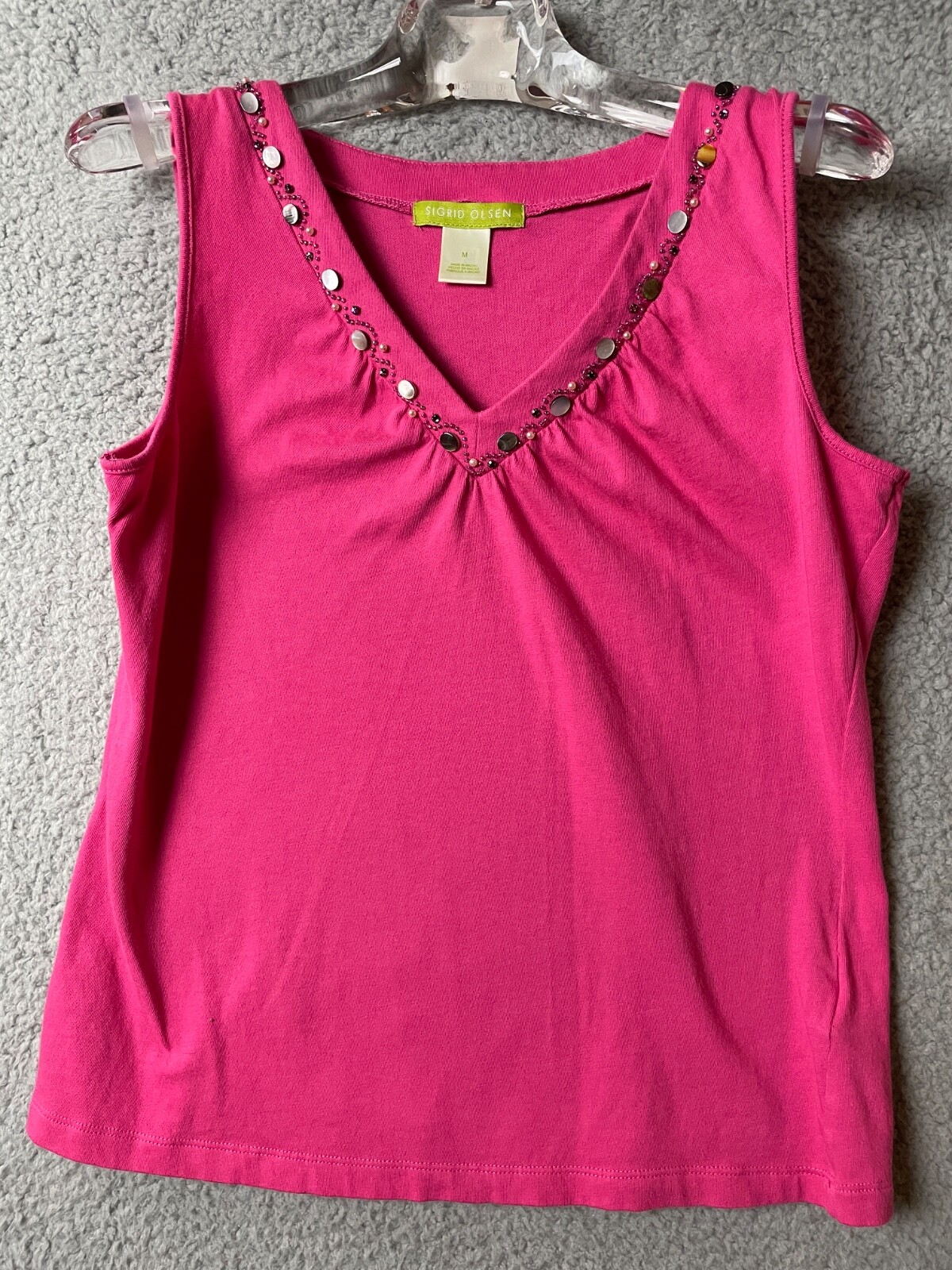 Sigrid Olsen Top Tank Womens M Hot Pink Fuchsia Beading Sleeveless Summer
