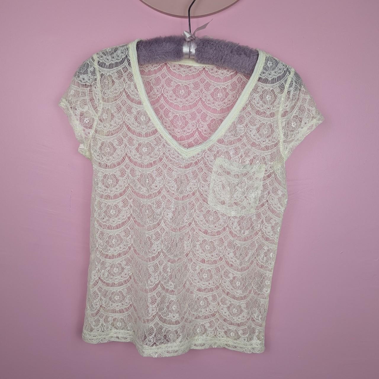 Aeropostale Cream White Scalloped Floral Lace See Through Short Sleeve Shirt