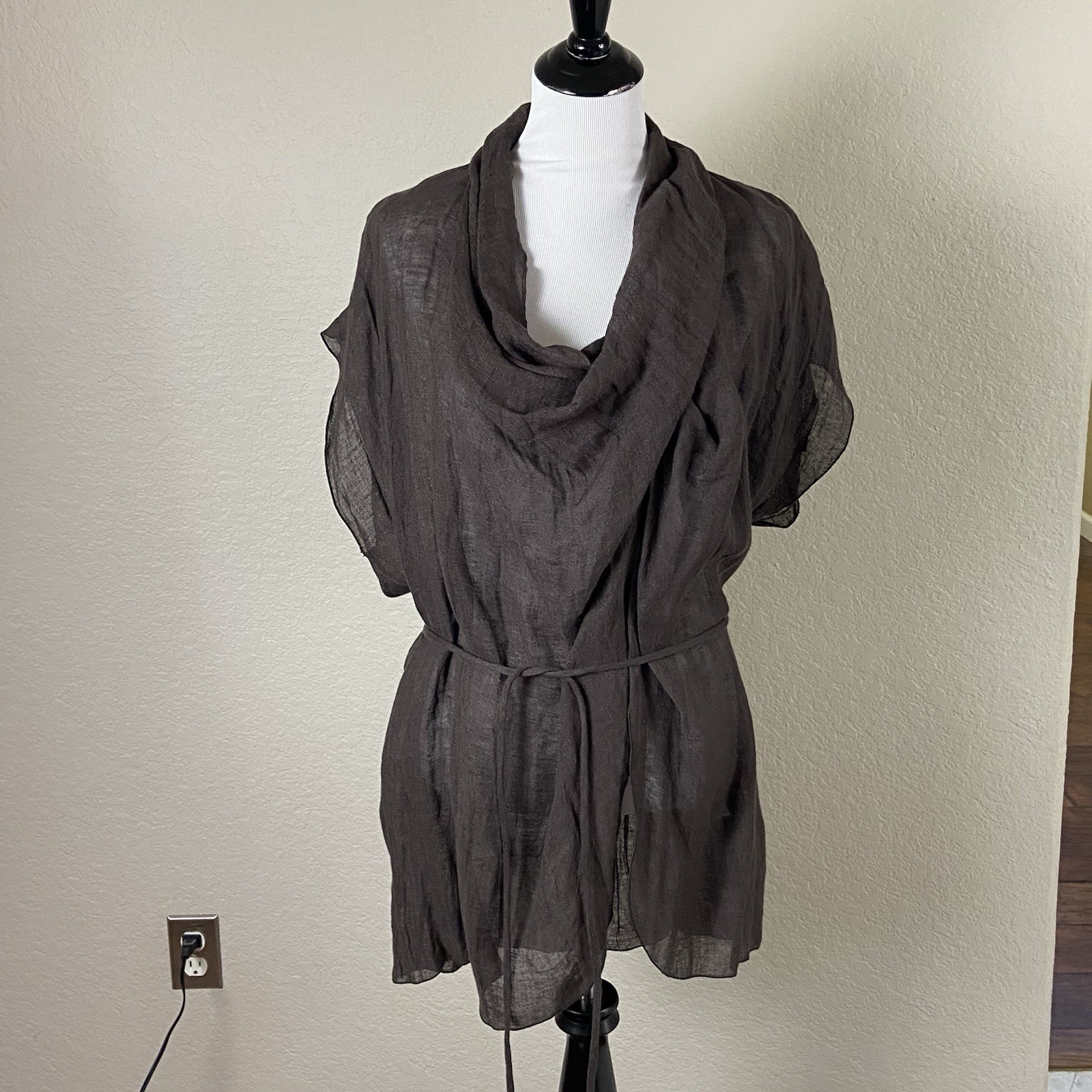 Zara Womens Linen Knit Belted Tunic Shirt Brown Medium Minimalist