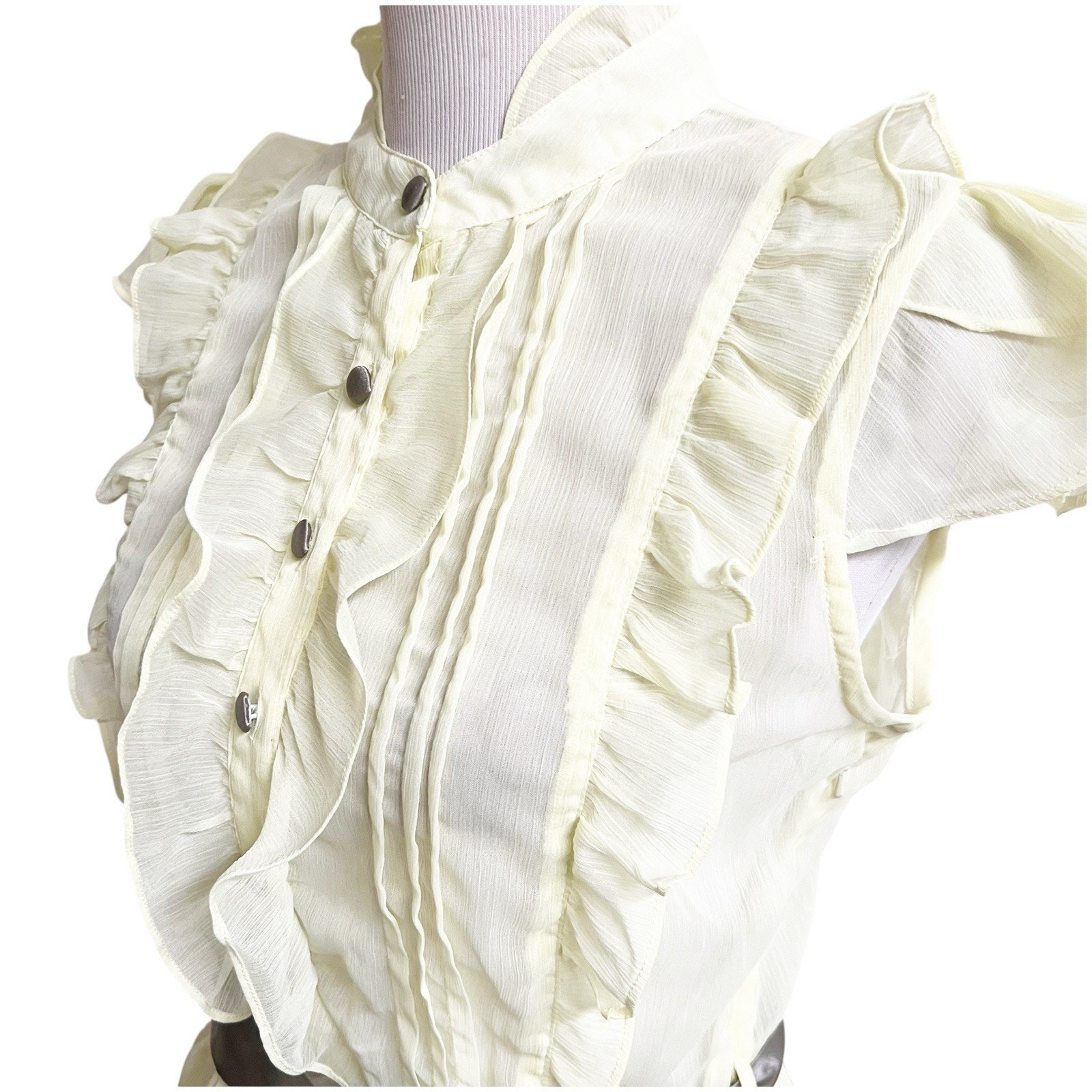Dimri Y2K Yellow Ruffled Button Front Blouse Satin Tie Sash Size Medium Sheer