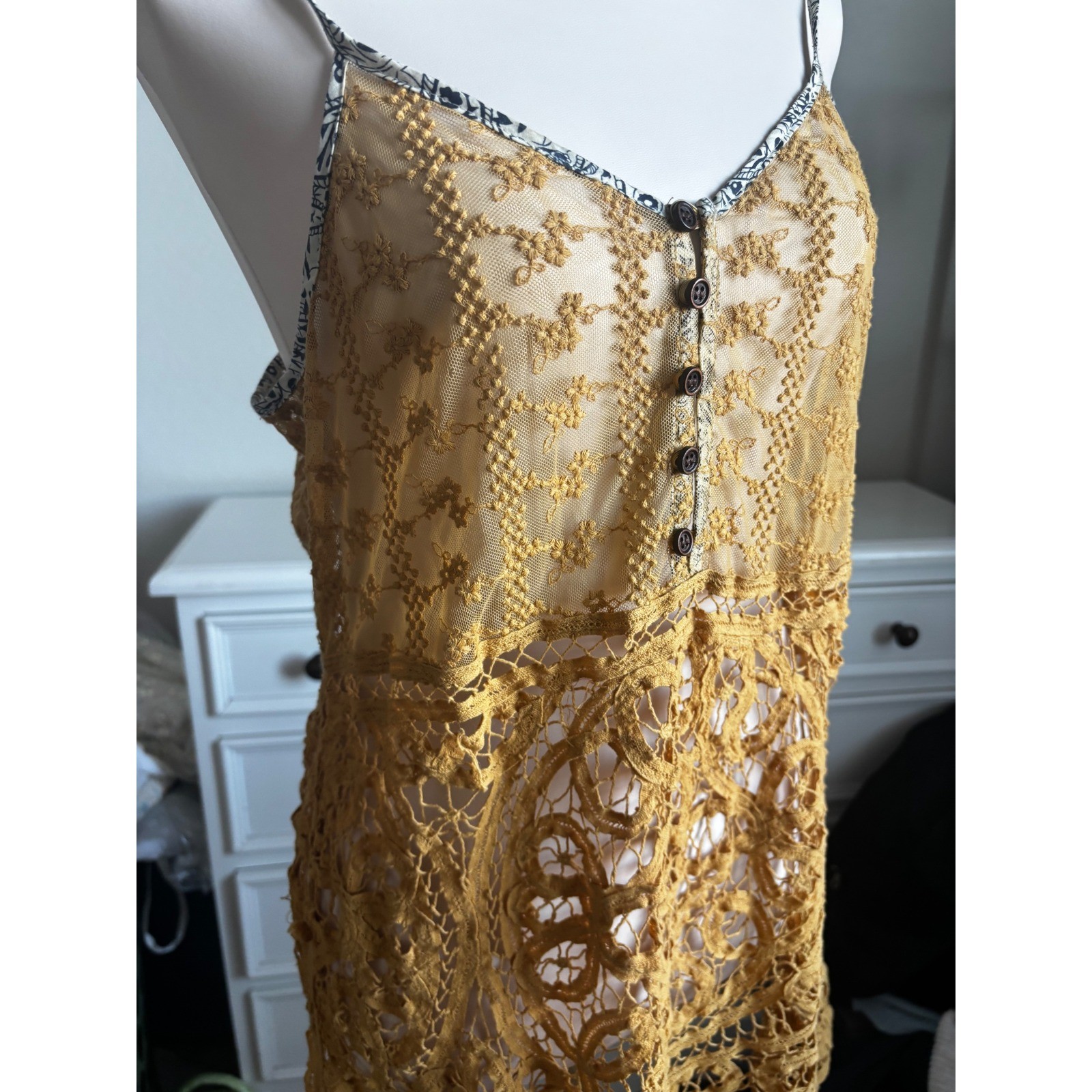 Gimmicks by BKE Mustard Yellow Lace Crochet Cami Boho Festival Top Sleeveless