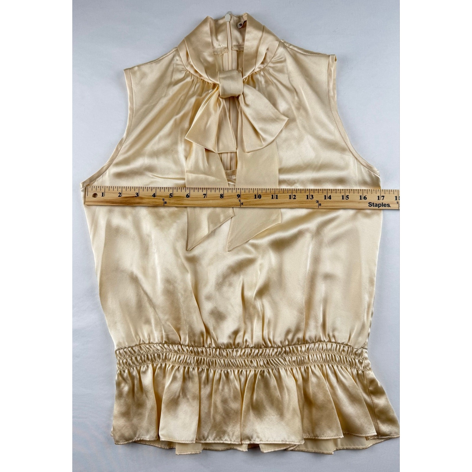 Nanette Lepore 100% Silk Sleeveless Bow Neck Blouse Champagne Ivory Size 2 USA
