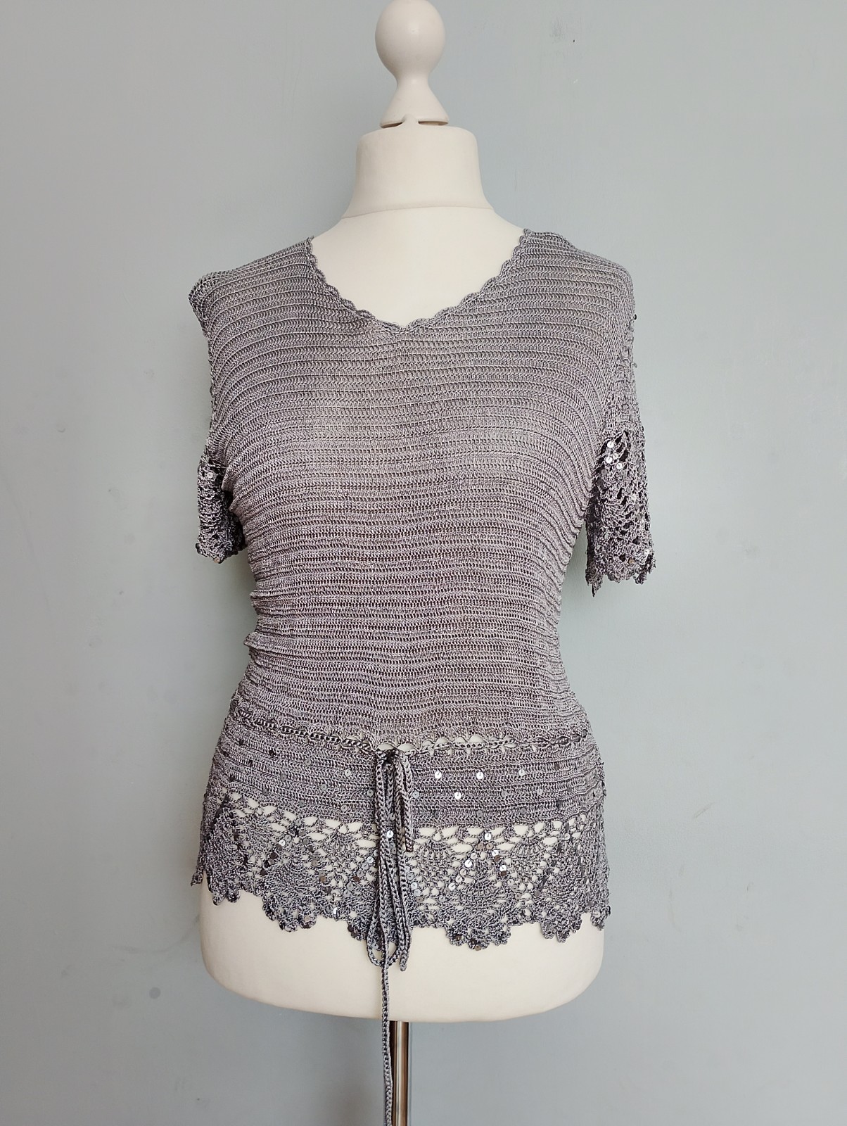 Jacques Vert Crochet Knit Top Sequin Lace Drawstring UK M Dove Grey Occasion