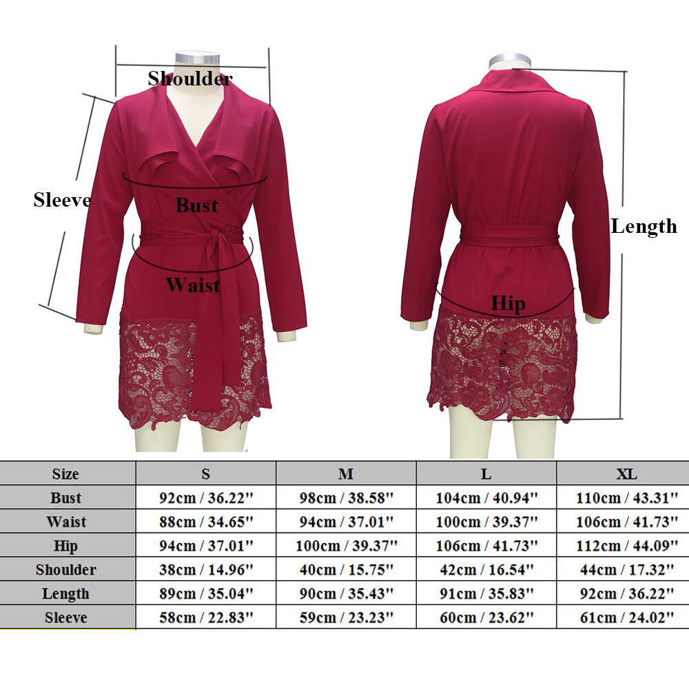 US Women’s Sexy Lace Stitching Loose Coat Belted Autumn Wind Coat Casual Tops