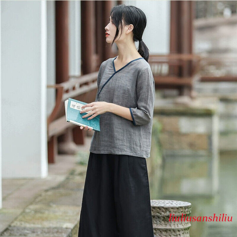 Women Ethnic Half Sleeve Top V-neck Hanfu Shirt Blouse Retro Tang Suit Summer