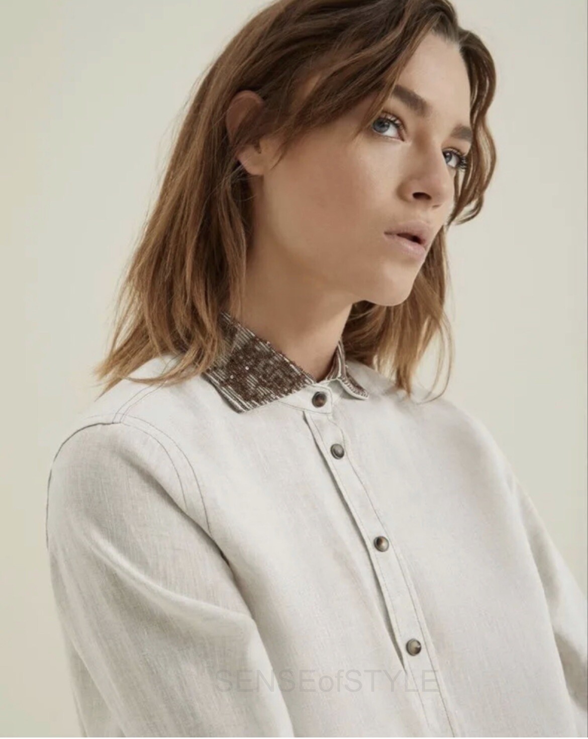 Brunello Cucinelli Women Linen Shirt Top Blouse Monili trim XS 38 2