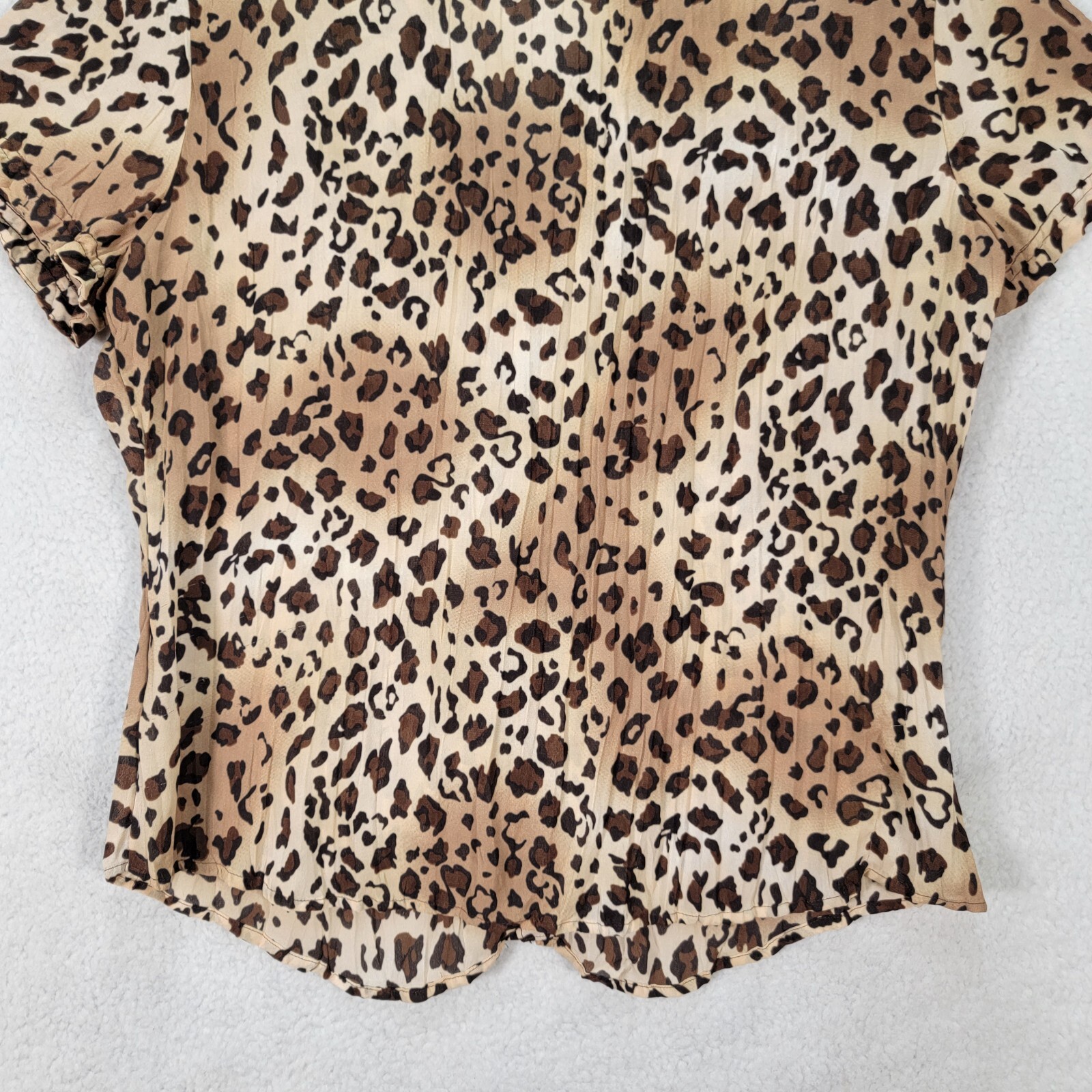 Vtg 90s Allison Taylor Womens Top Size L Brown Leopard Ruffled Unique Blouse