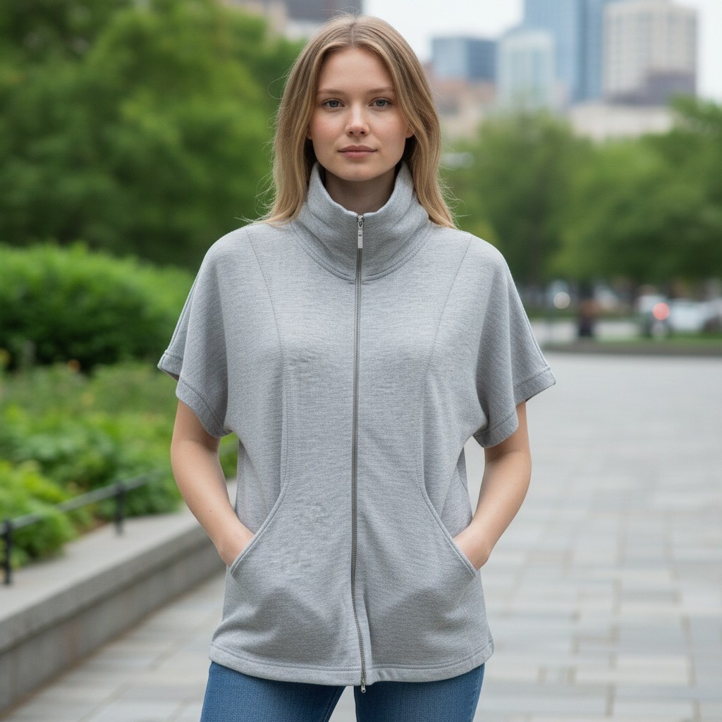St. John Sport Womens Gray Short Sleeve Full Zip Funnel Neck Top Size XP Heather