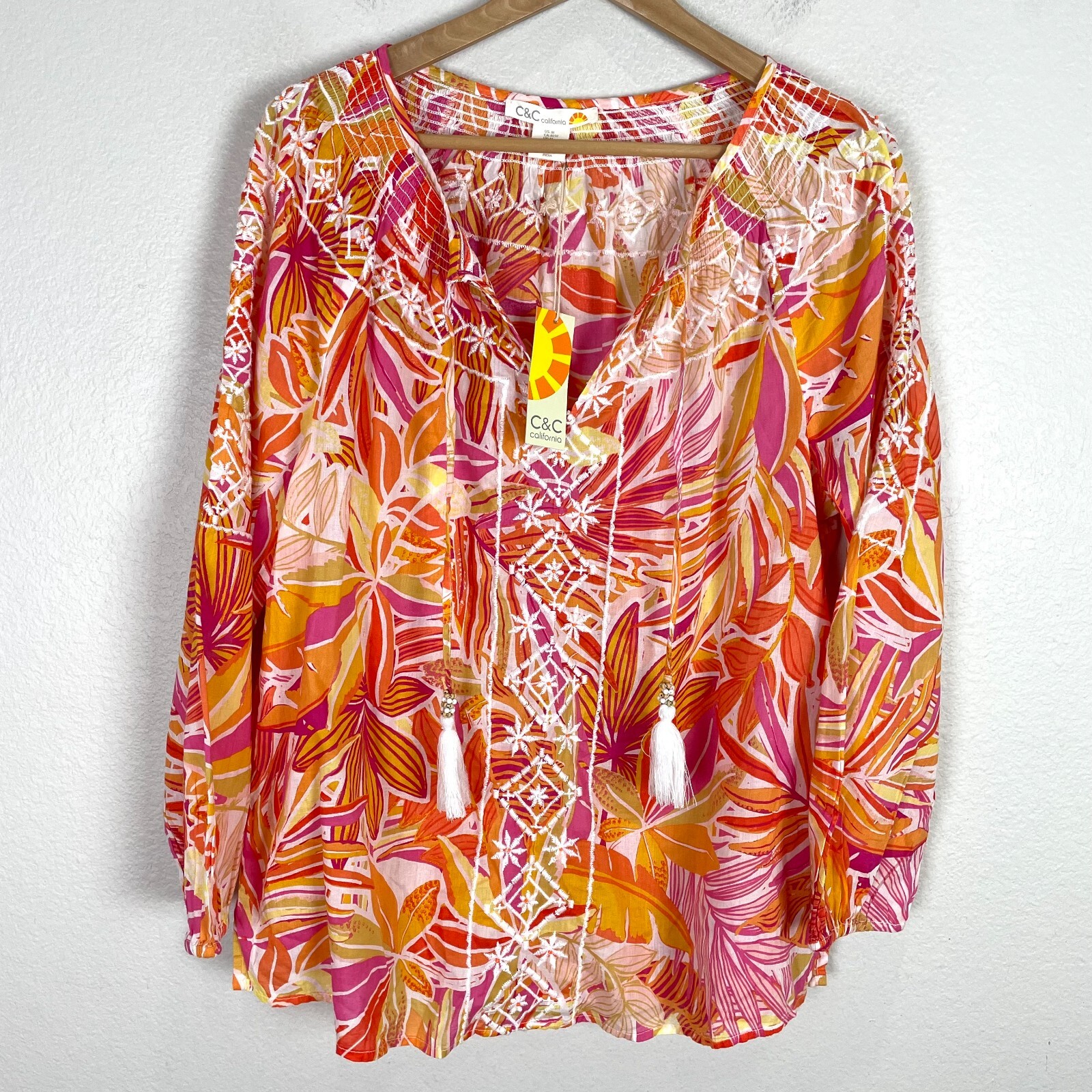 NEW C&C California Medium Tropical Floral Embroidered Tasseled Peasant Tunic Top