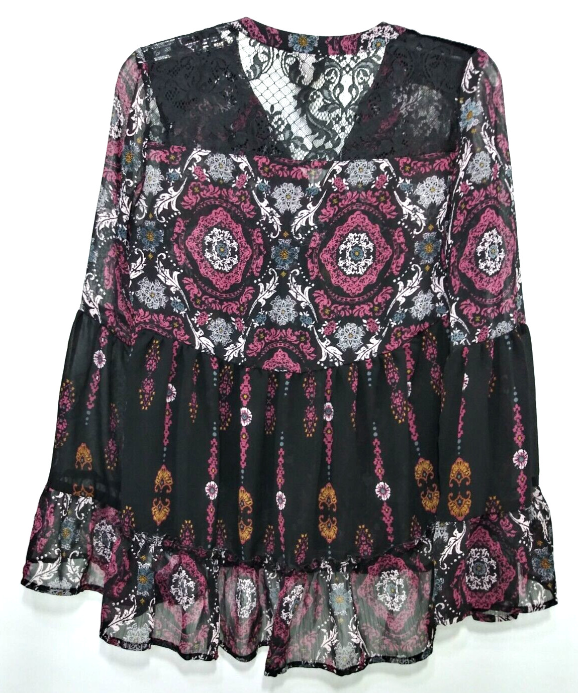 Knox Rose Women’s Size S Boho Tunic Sheer Tassel Ruffle Velvet Black Lace