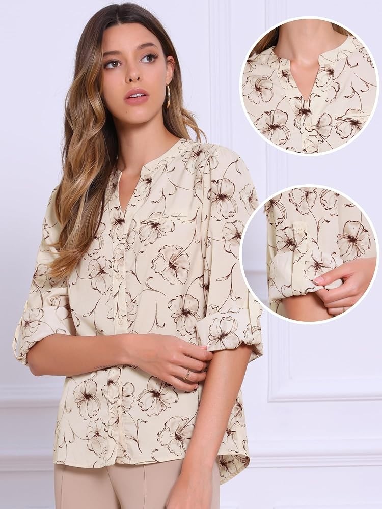 Allegra K Womens Printed Button Down Top Apricot Size Small Notched Crew Neck NW