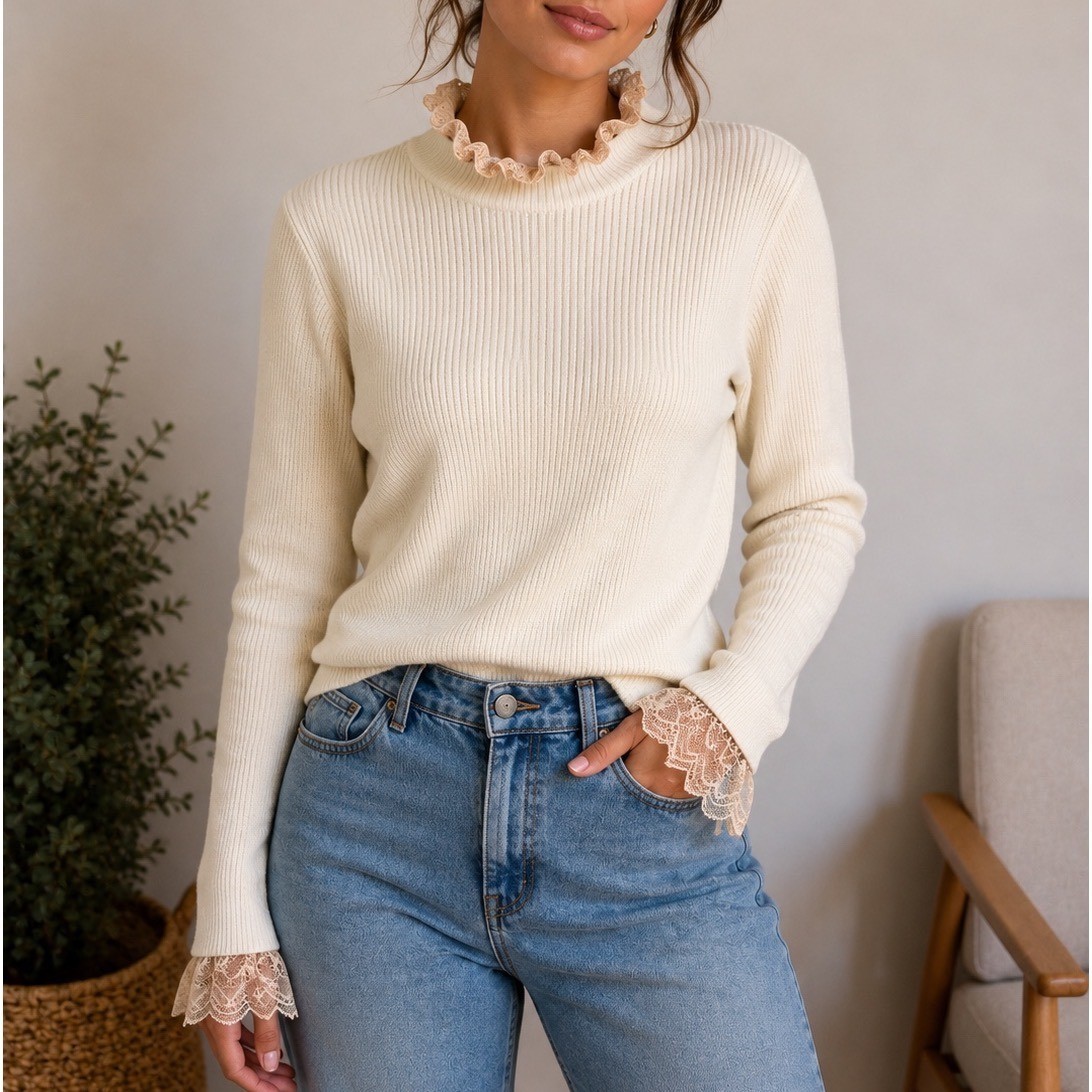 Moon River Lace Trim Rib Knit Sweater Top M Ivory Mock Neck Romantic Coquette