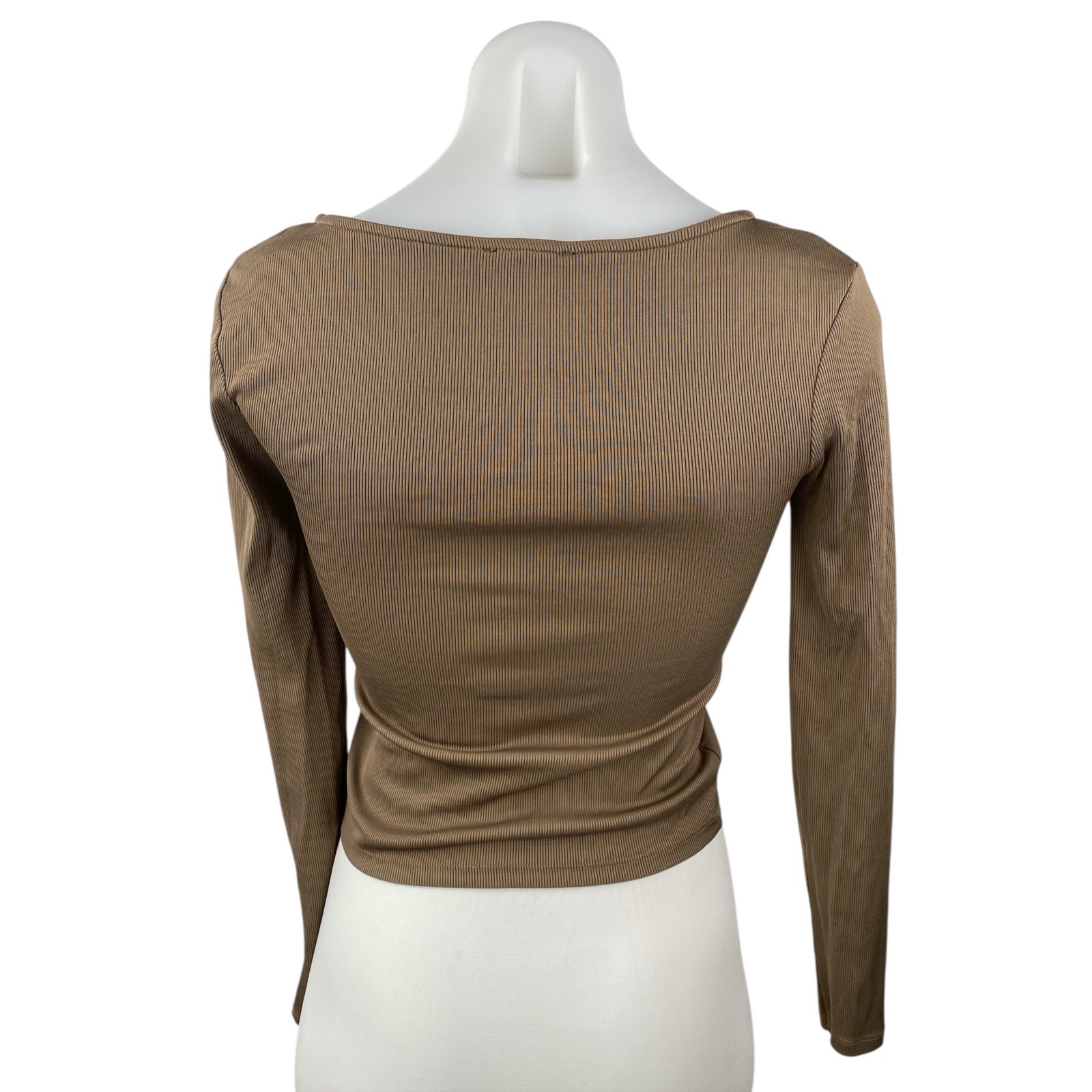 Stradivarius Women’s Brown Square Neck Rib Knit Long Sleeve Crop Shirt Top Sz S