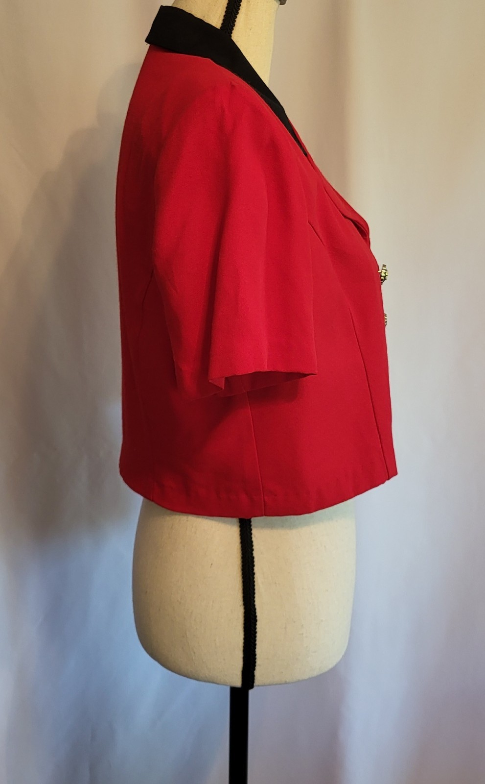 ☆Vintage 80s☆ Womens Bolero Top Red/Black Cropped Buttons M-L Mob Wife