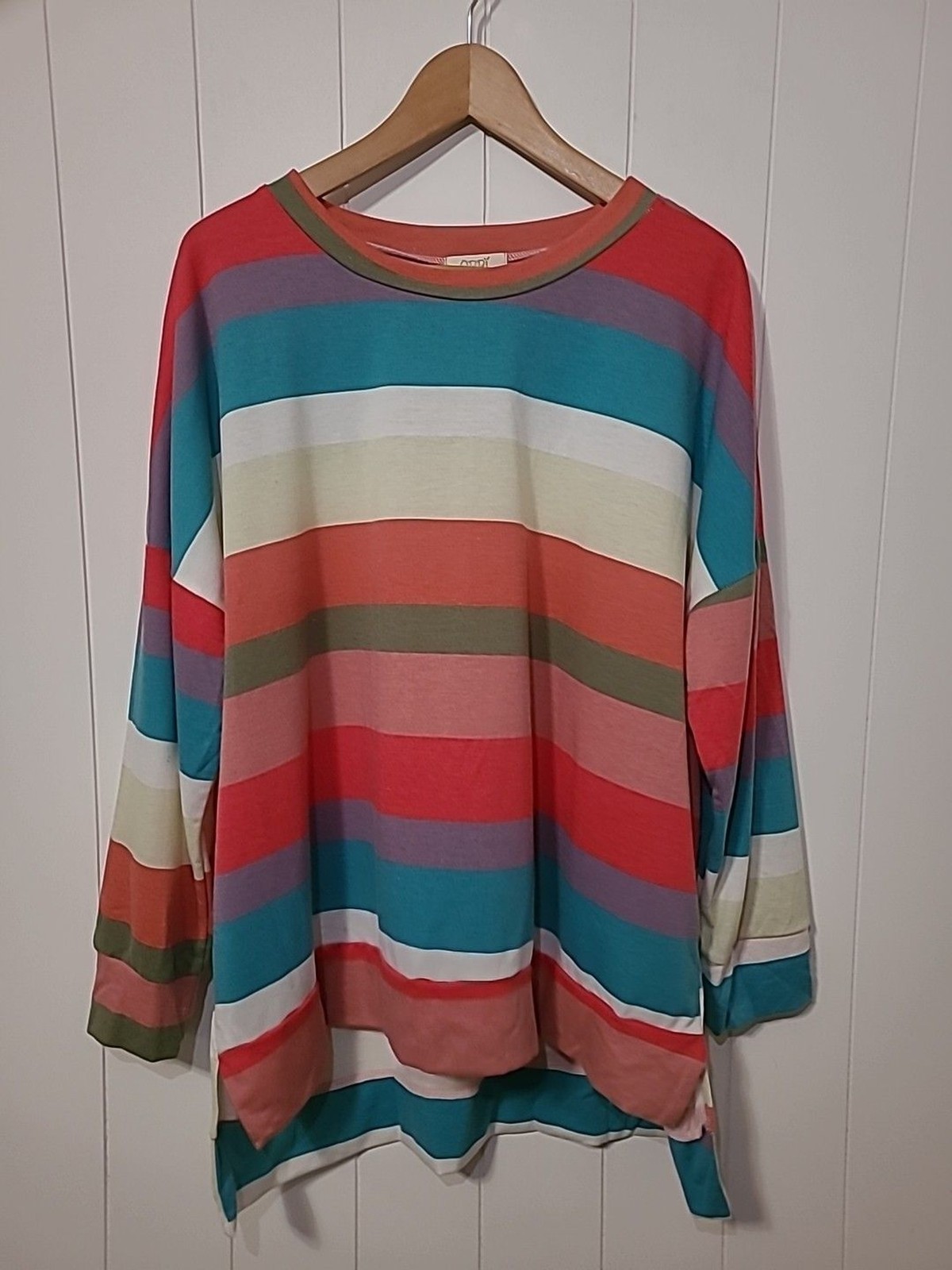 Oddy Rainbow Top Womens 1XL 2XL Striped Long Sleeve Knit Colorful Casual
