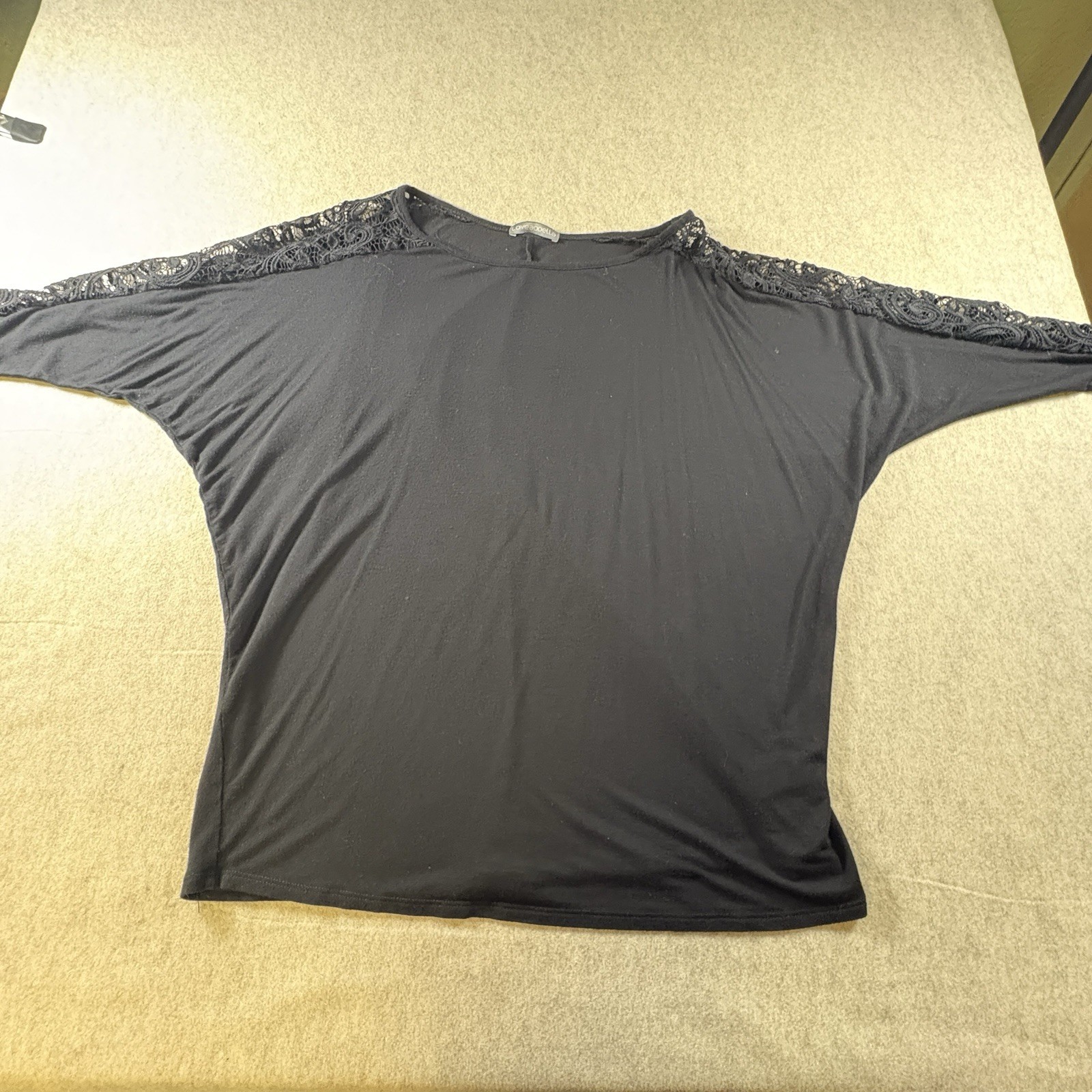 Loveappella Women’s XL Black Lace Shoulder Dolman Batwing Knit Top Stretch (243)