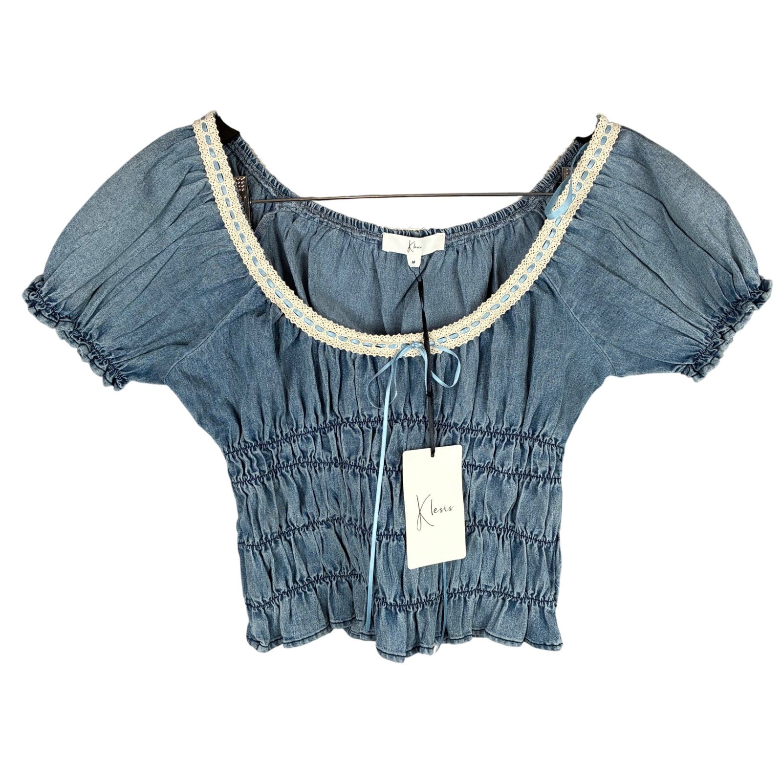 NWT Klesis Top Ruched Blue Denim Ribbon Crochet Trim Women M Coastal Cowgirl