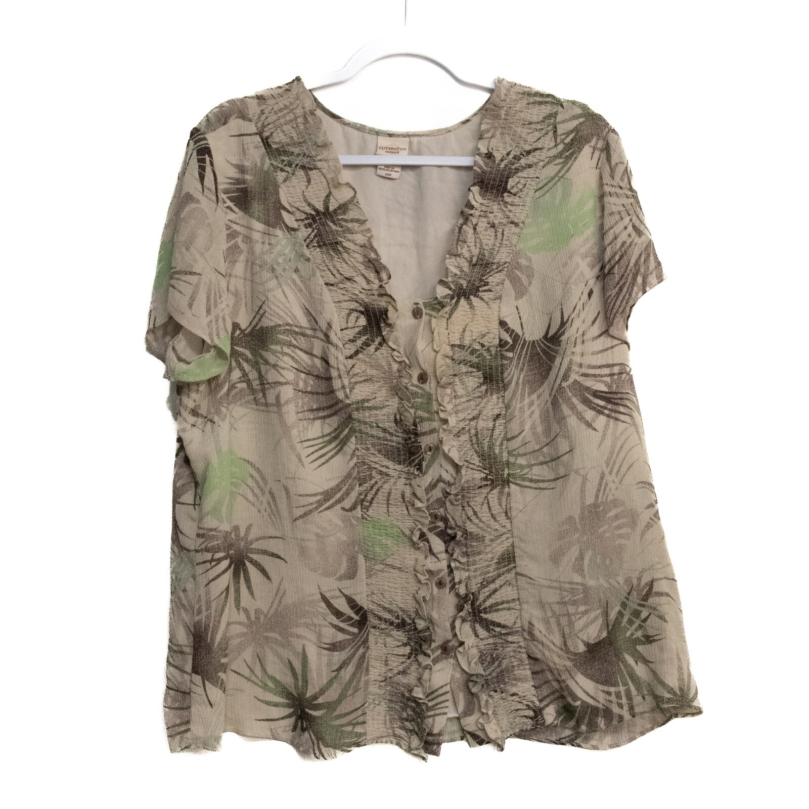 Covington Woman Womens Wolf Gray Polyester Blouse Floral Button V-Neck Size 20W