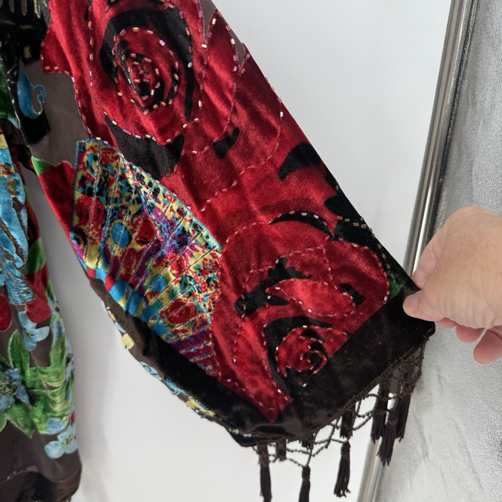 Aris A Kimono Burnout Velvet Floral Boho Beading Tassel Fringe Silk Blend