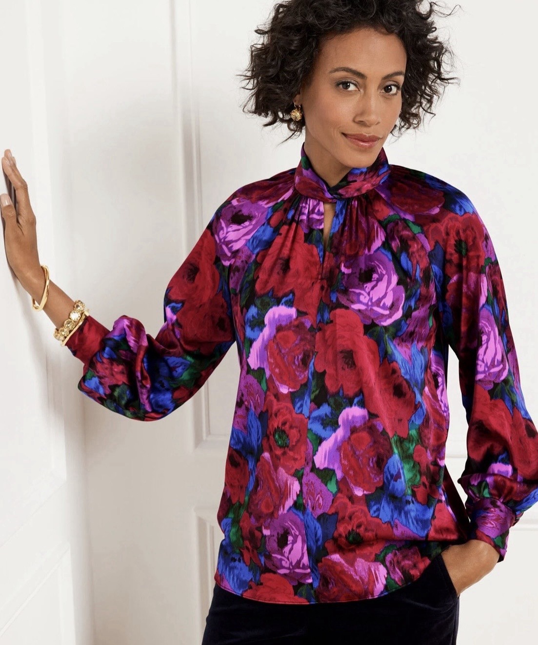 NWT Talbots Women’s Size PM Red Purple Polyester Blend Twist Neck Pullover Blous