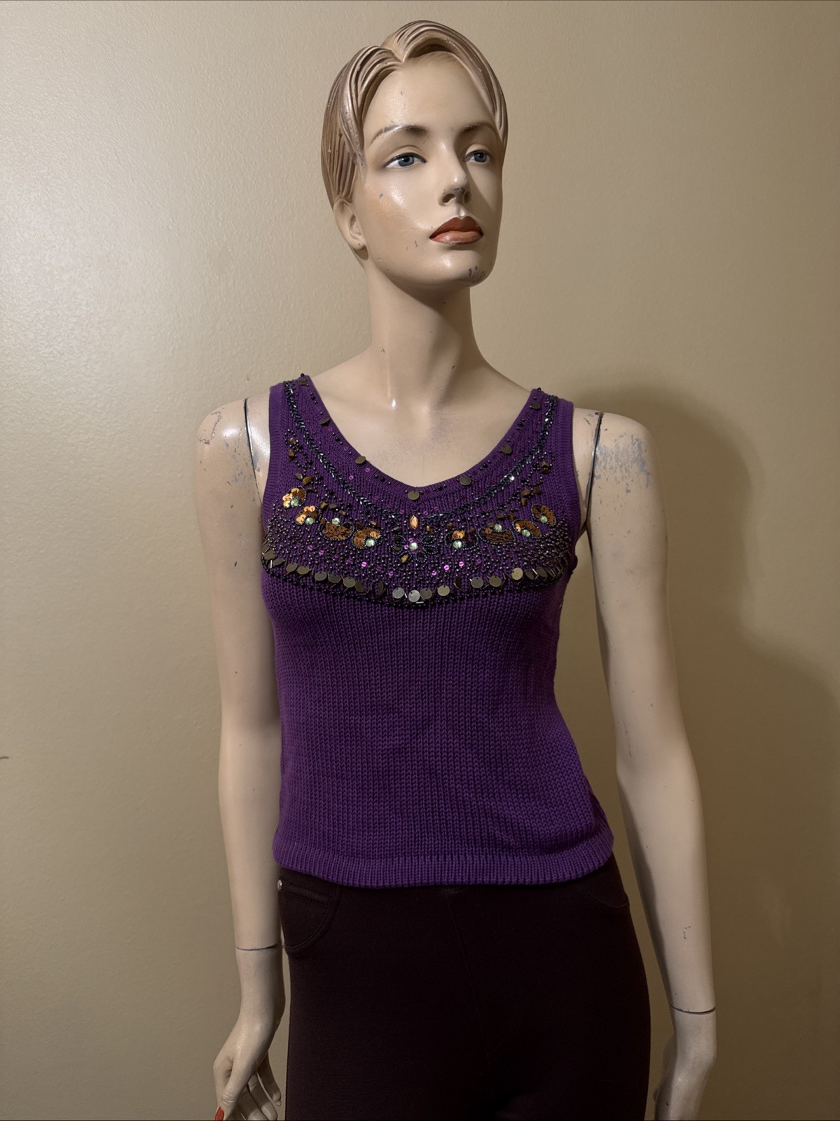 Women’s Purple Cotton Casual Summer Open Stretch Slim Knitted Size L Blouse Top