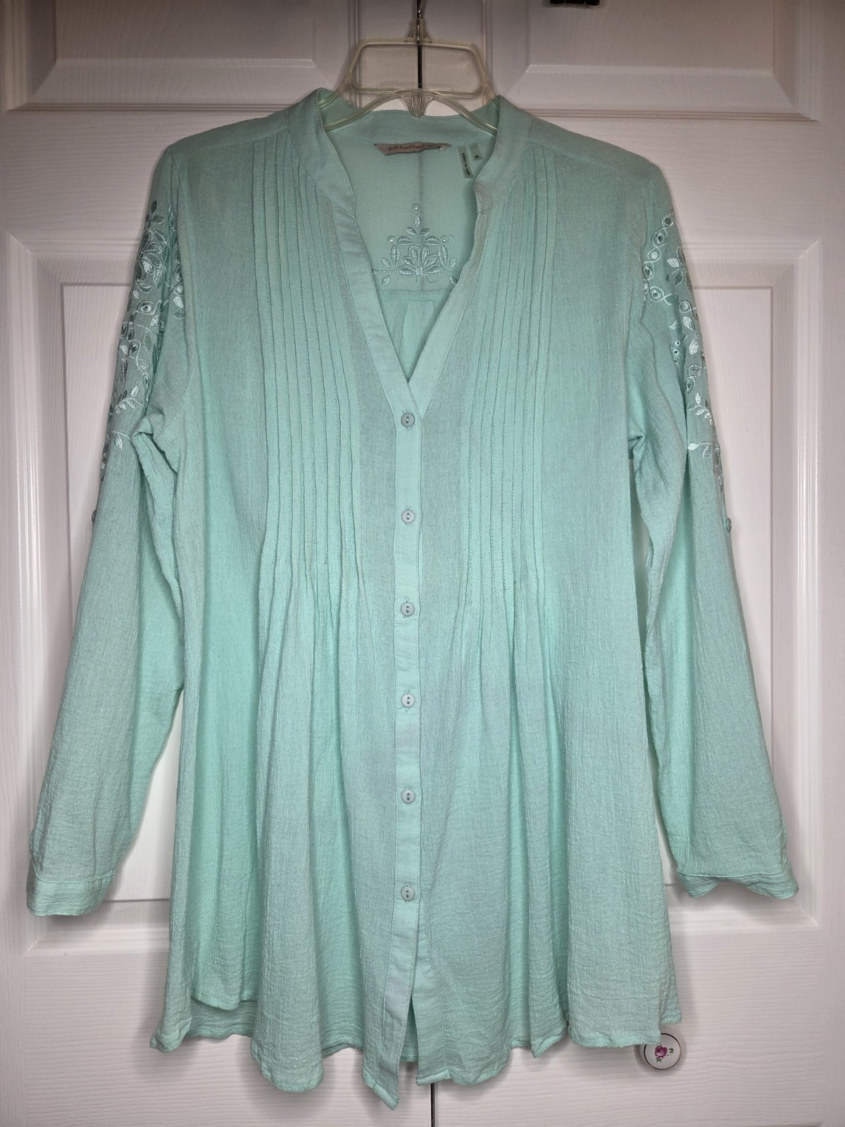 Soft Surroundings Cotton Women’s Med Mint Green Pleats, Roll Tab Long Blouse