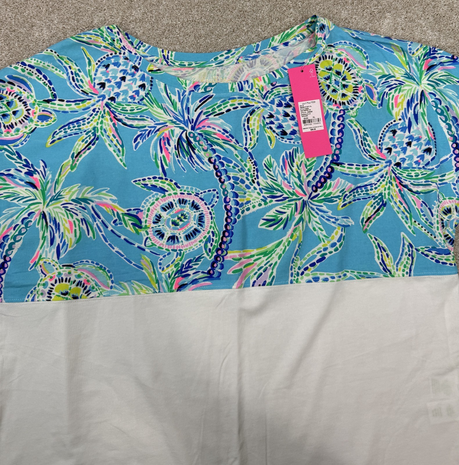 Lilly Pulitzer Finn Cropped Top Size XL Short Sleeve Turtle Bermuda Blue ~ NEW