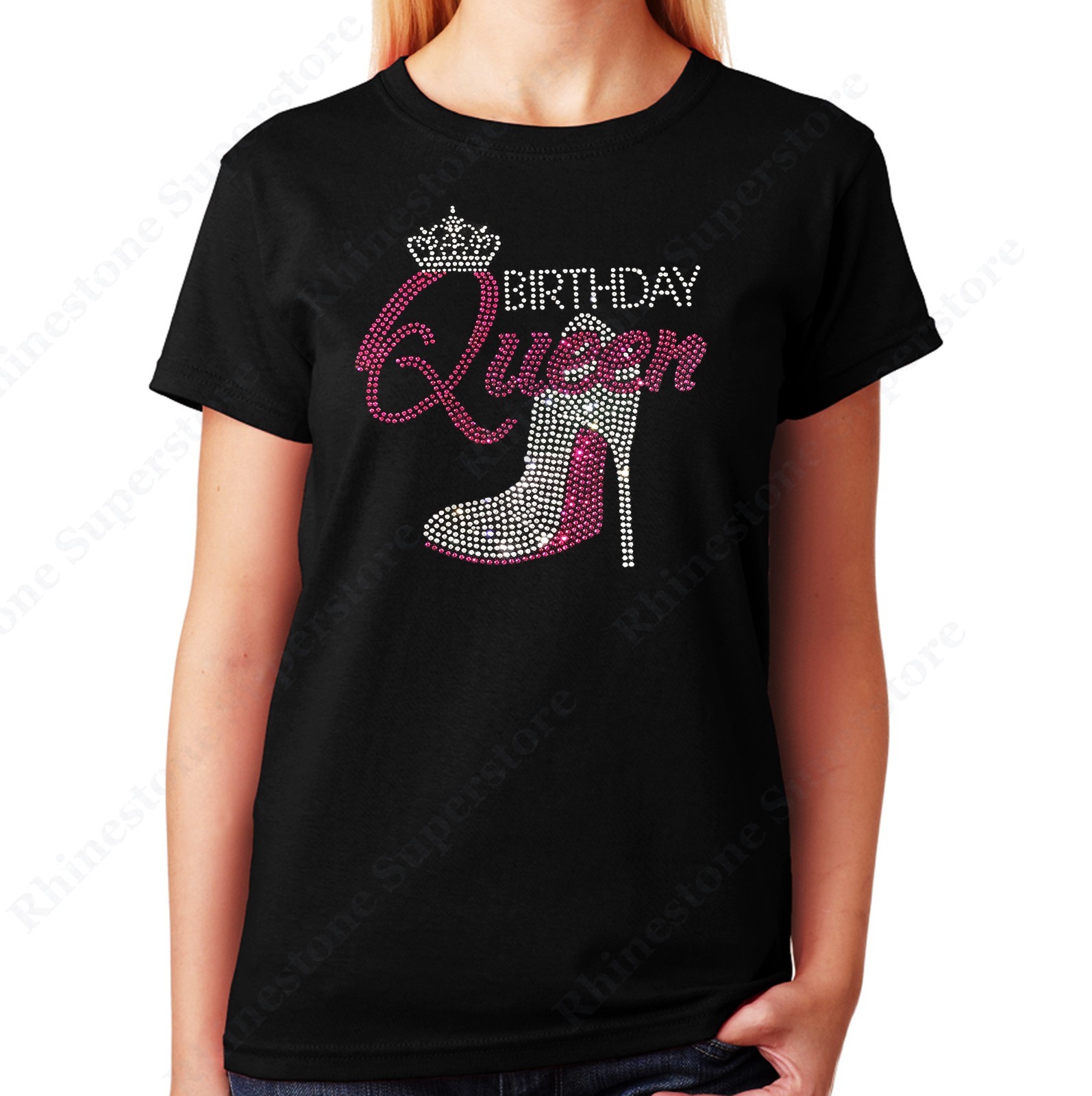 Womens / Unisex Rhinestone T-shirt ” Pink Birthday Queen with Heel ” in Sm – 3XL