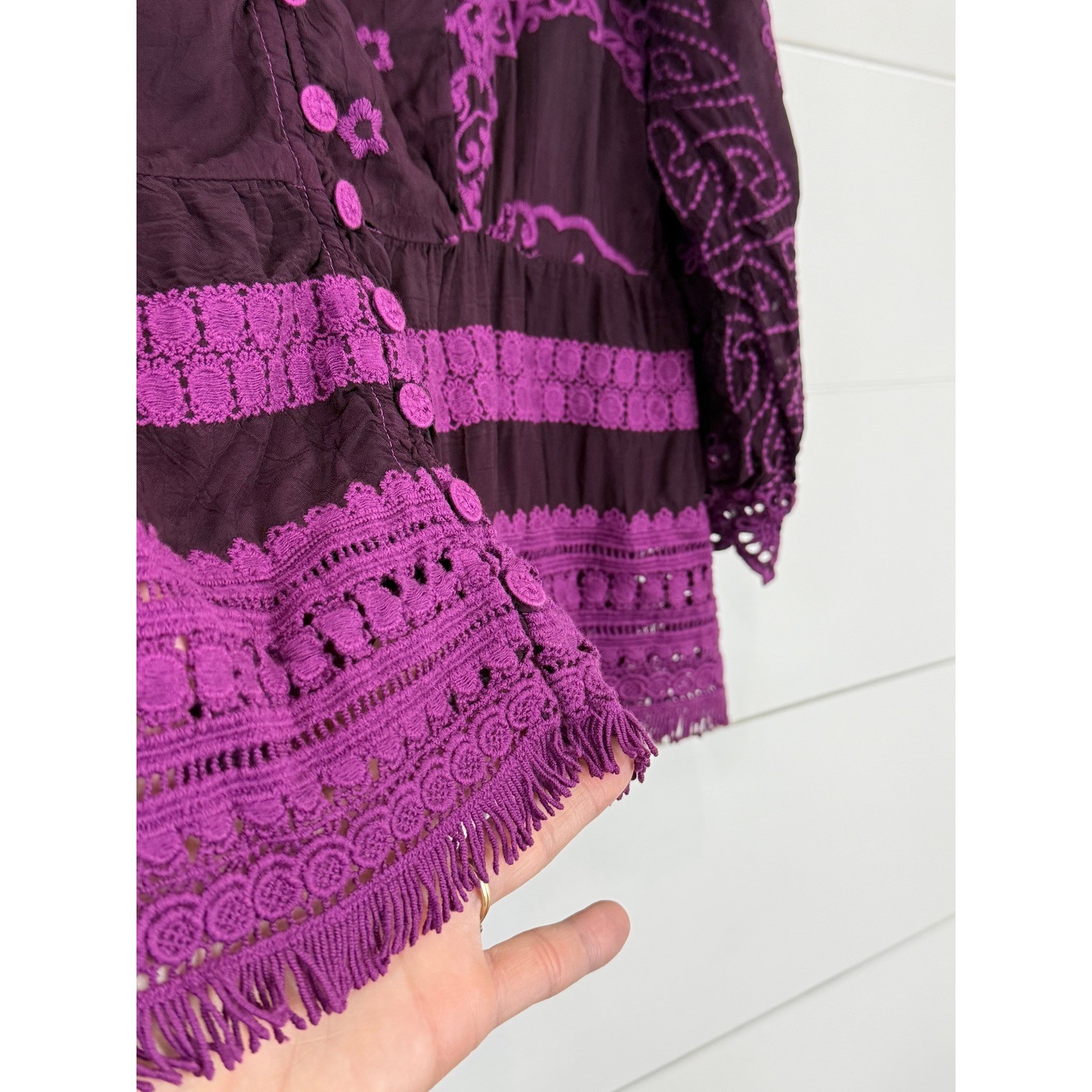 Johnny Was Polyvore Juniper Embroidered Fringe Crochet Boho Blouse Purple S