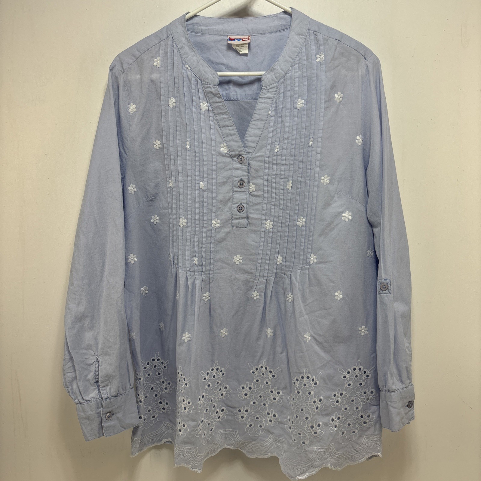 American Sweetheart Womens Cotton Pintuck Tunic Floral Embroidered Size L Boho