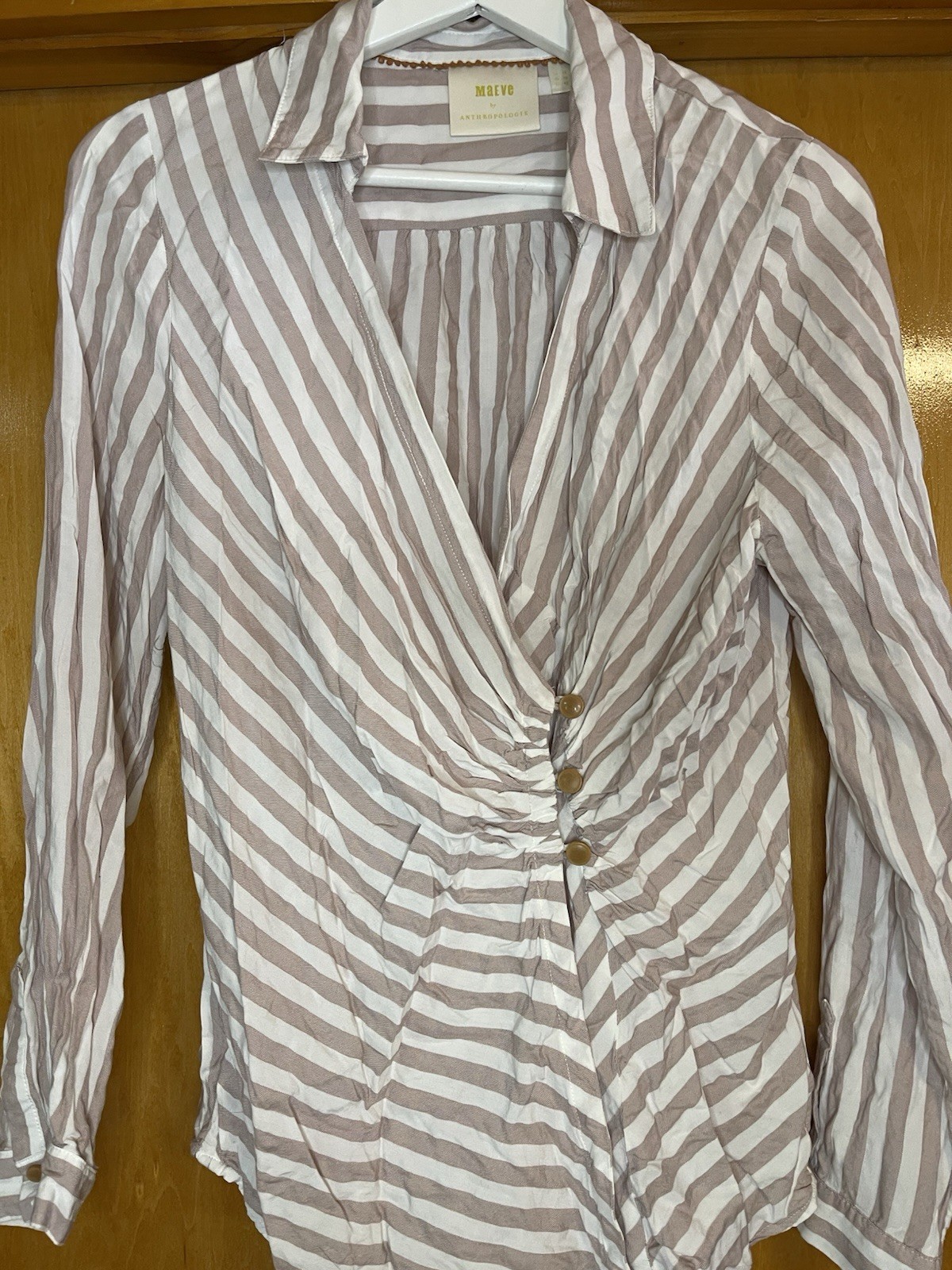 Maeve by Anthropologie Womens 10 Striped Wrap Front Blouse Cream/Tan, EUC