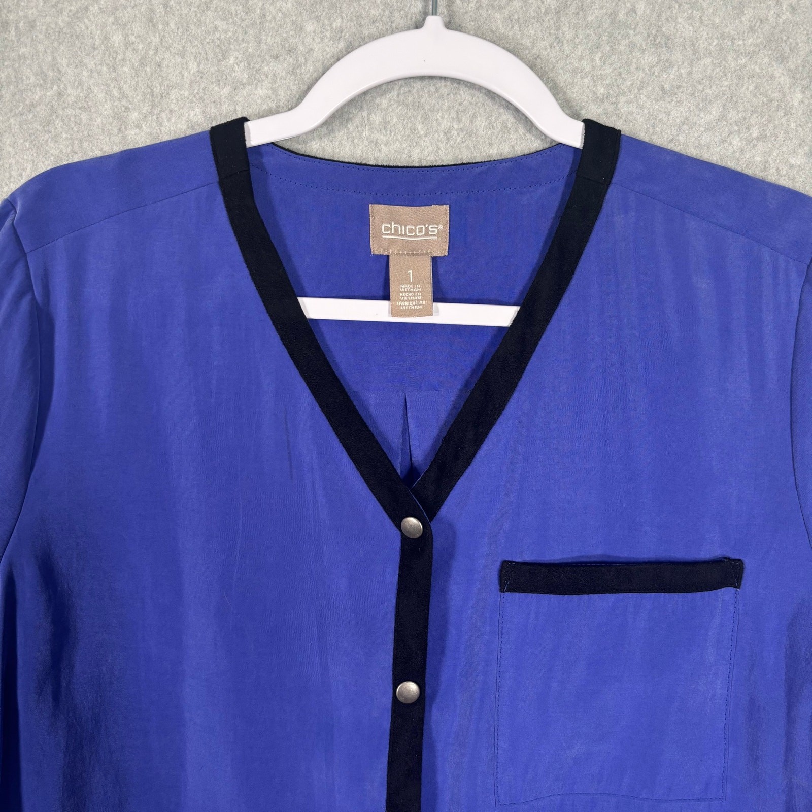Chicos Velvet Trim Top Medium Purple Blue Silky Soft Modal Dressy Career Church