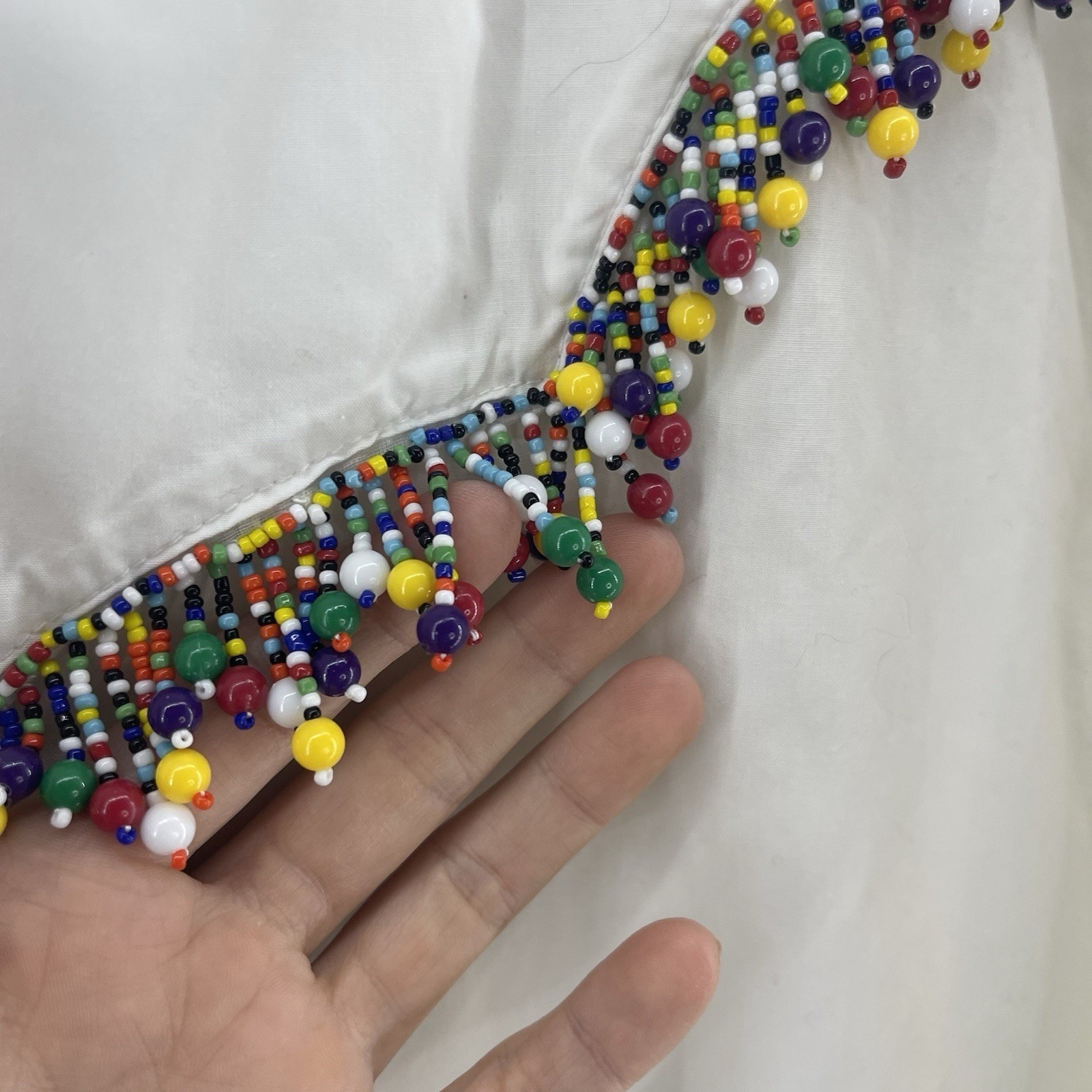 Vintage 90s Beaded Button Up Shirt Women’s L White Fringe Western Funky Boho