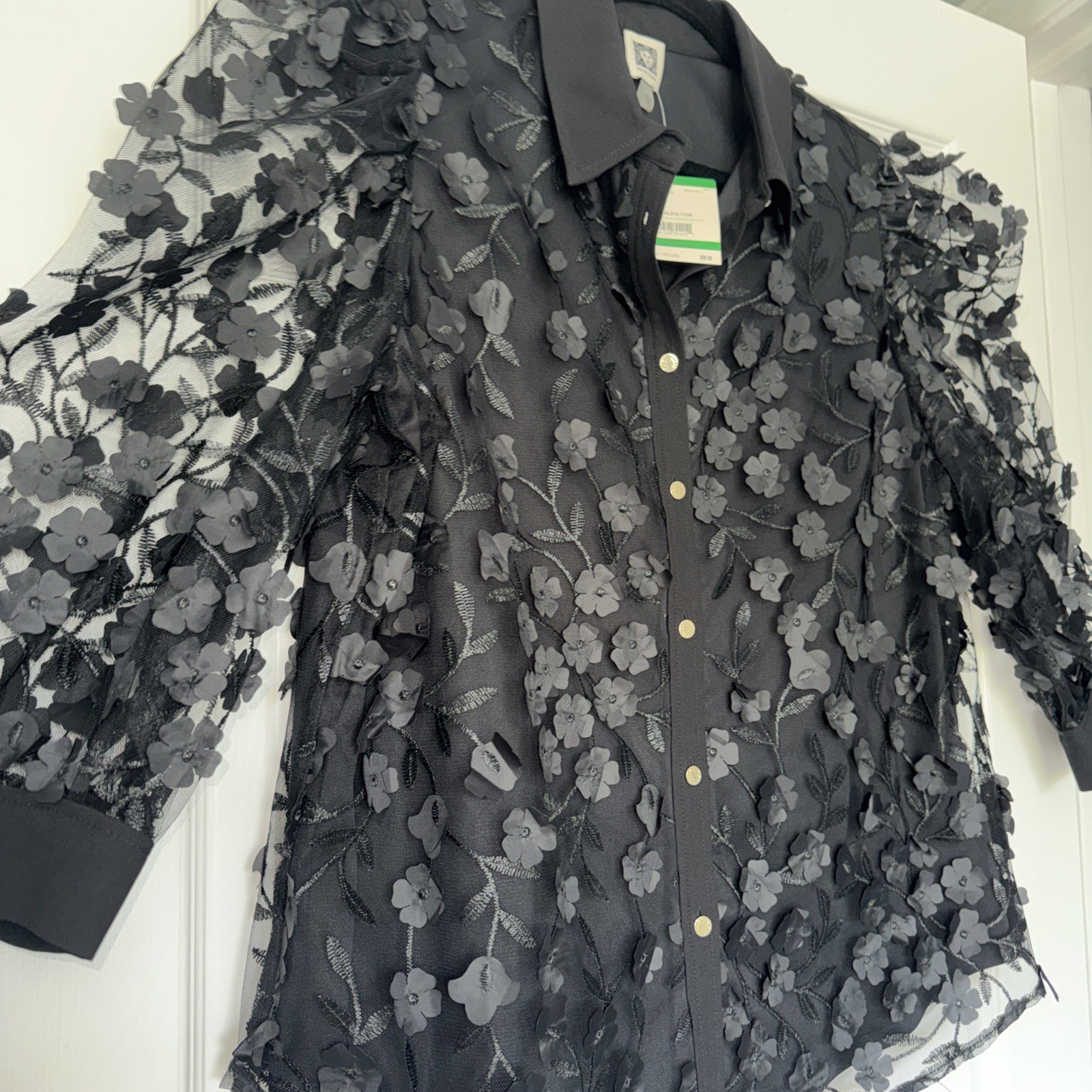 Anne Klein Mesh Flower Applique Blouse Shirt in Black LARGE New with Tags