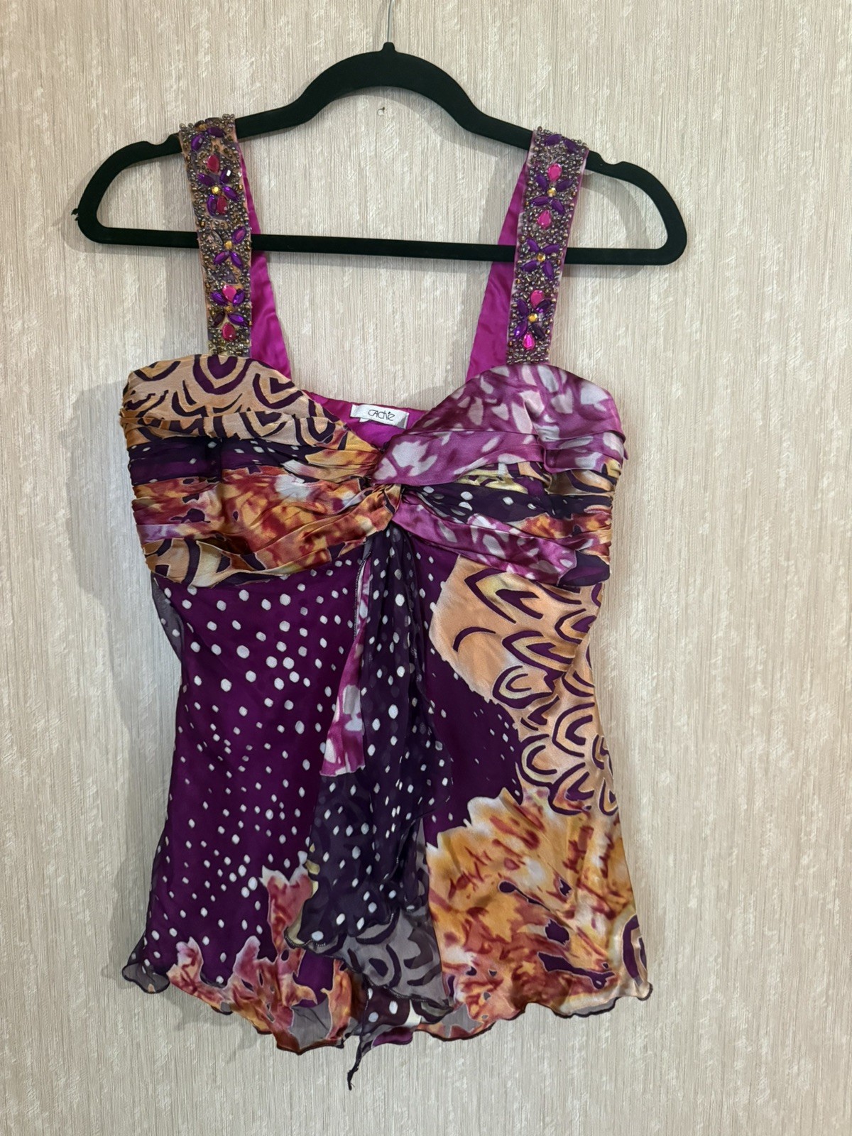 Vtg Cache Y2K Babydoll Top Womens 6 Purple Silk Rhinestone Cami Whimsigoth Fairy