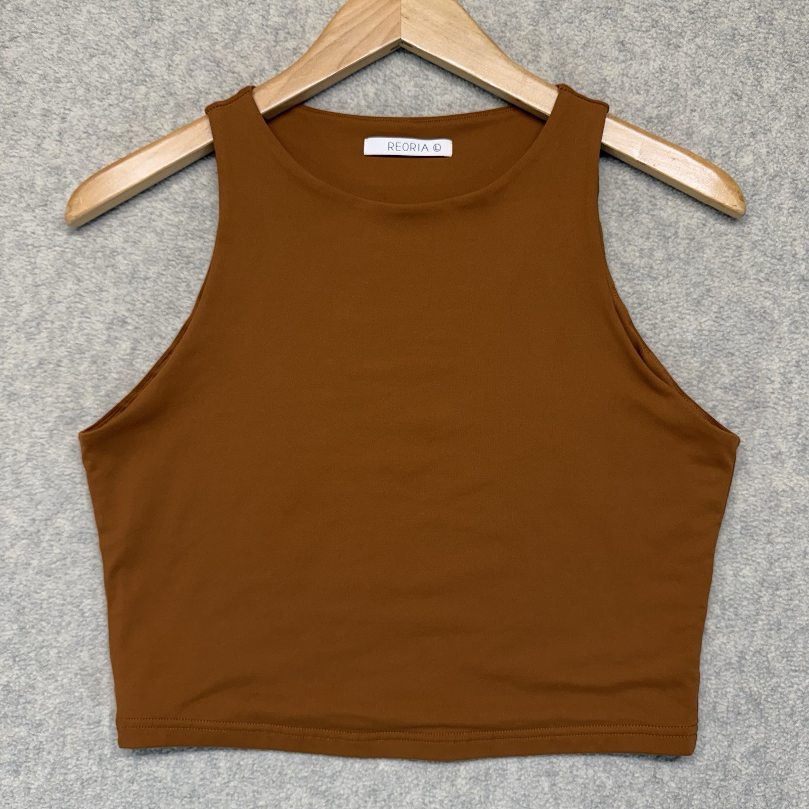 REORIA Women’s Brown High Neck Sleeveless Crop Tank Top Size L Stretch