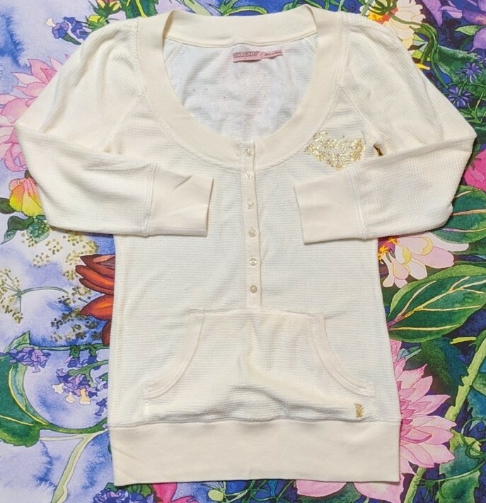 Y2K JUICY COUTURE Henley SM Gold Logo Velour Thermal Waffle knit 3/4 LS EUC