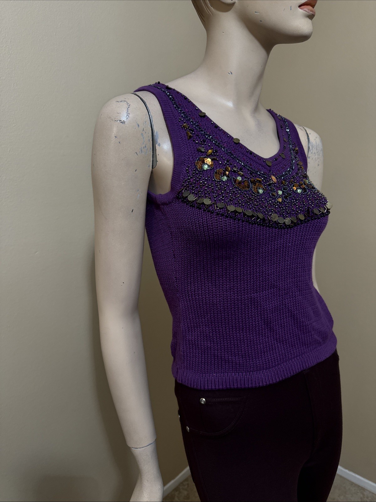 Women’s Purple Cotton Casual Summer Open Stretch Slim Knitted Size L Blouse Top